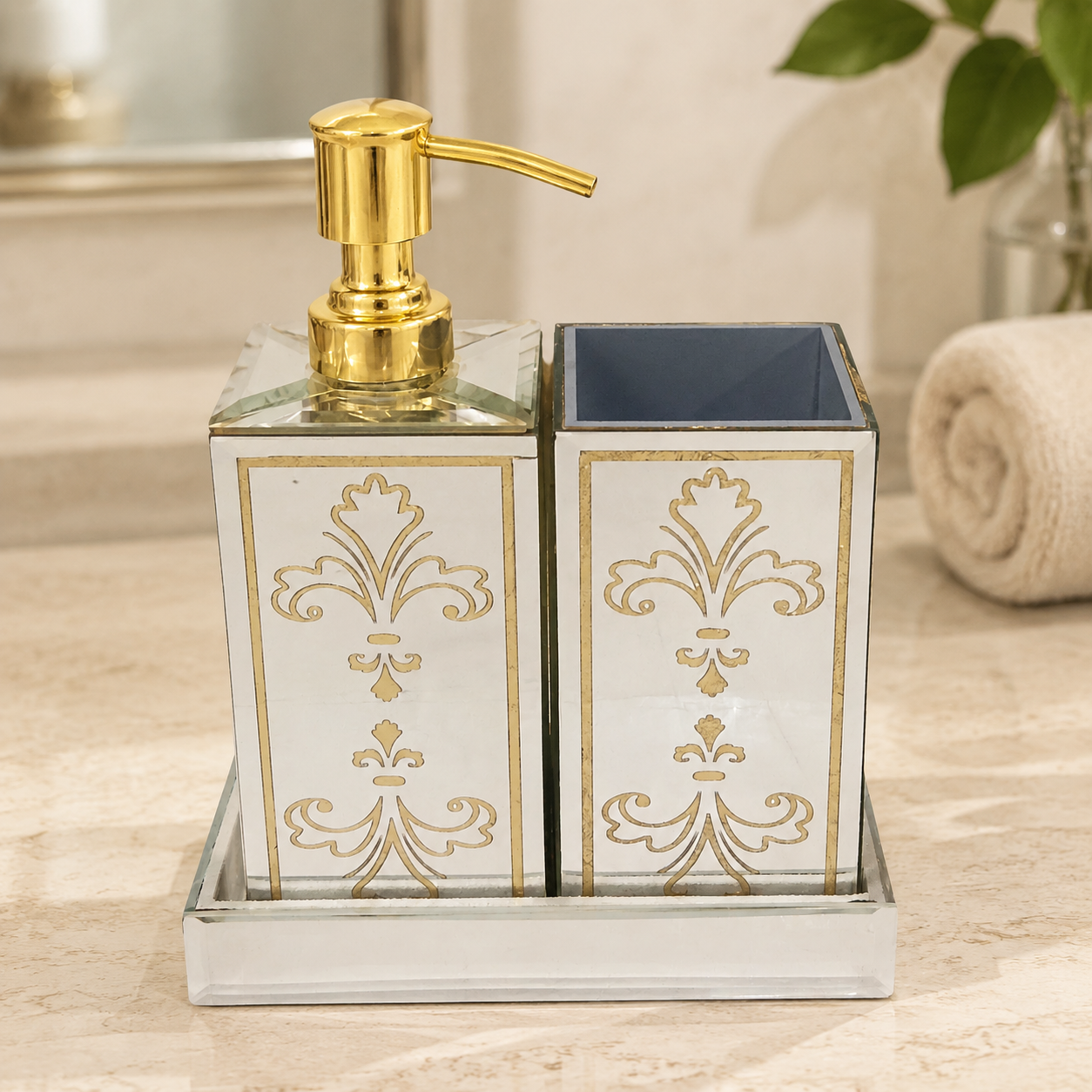  3-Pieces Modern White Golden Bathroom Accessory Set 