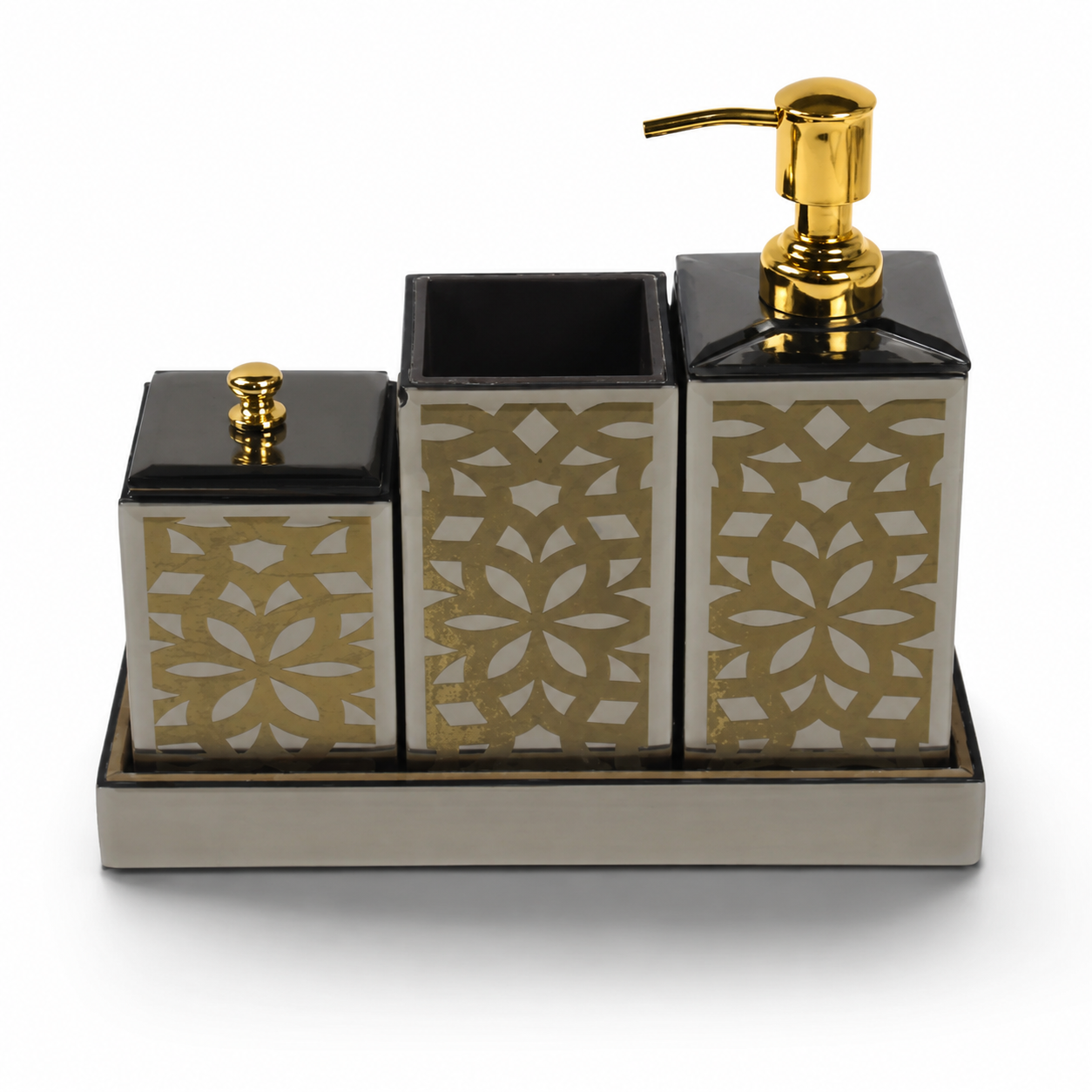  Mirrored Mosaic Bathroom Accessory Set with Tray – Golden & Silver Geometric Design (3-Piece) 