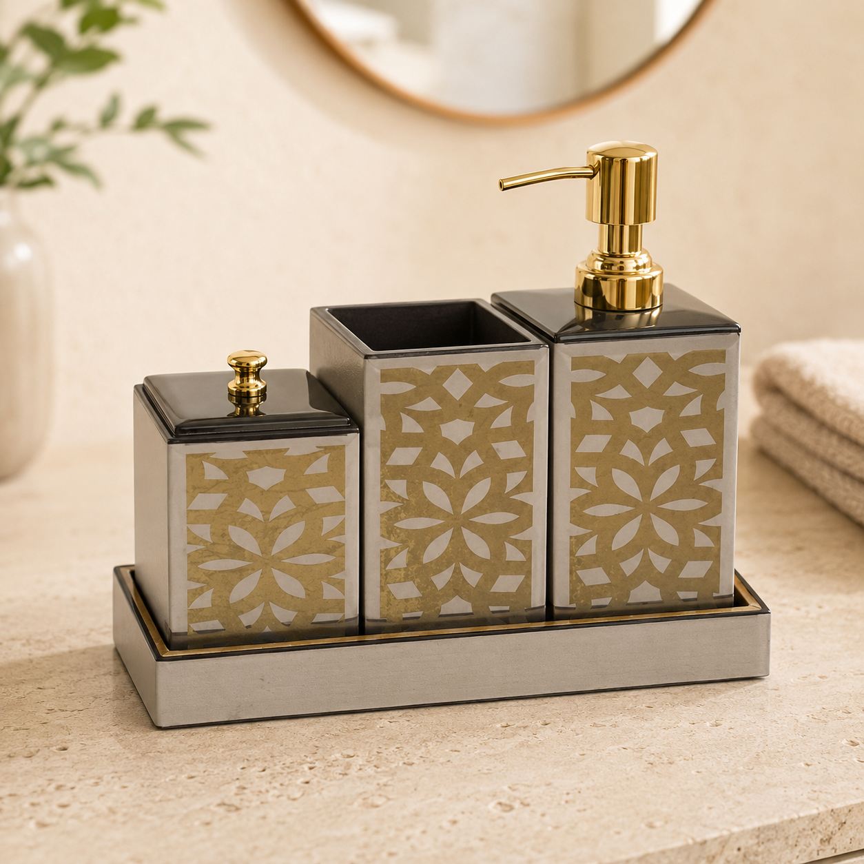  Mirrored Mosaic Bathroom Accessory Set with Tray – Golden & Silver Geometric Design (3-Piece) 