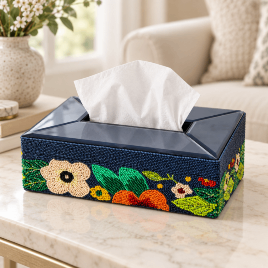 Beaded Floral Decorative Rectangular Dining Tissue Box for Dining and Home Use