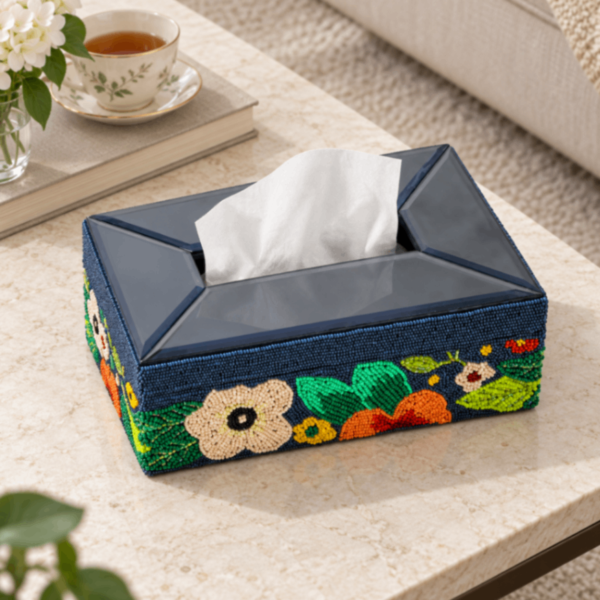Beaded Floral Decorative Rectangular Dining Tissue Box for Dining and Home Use