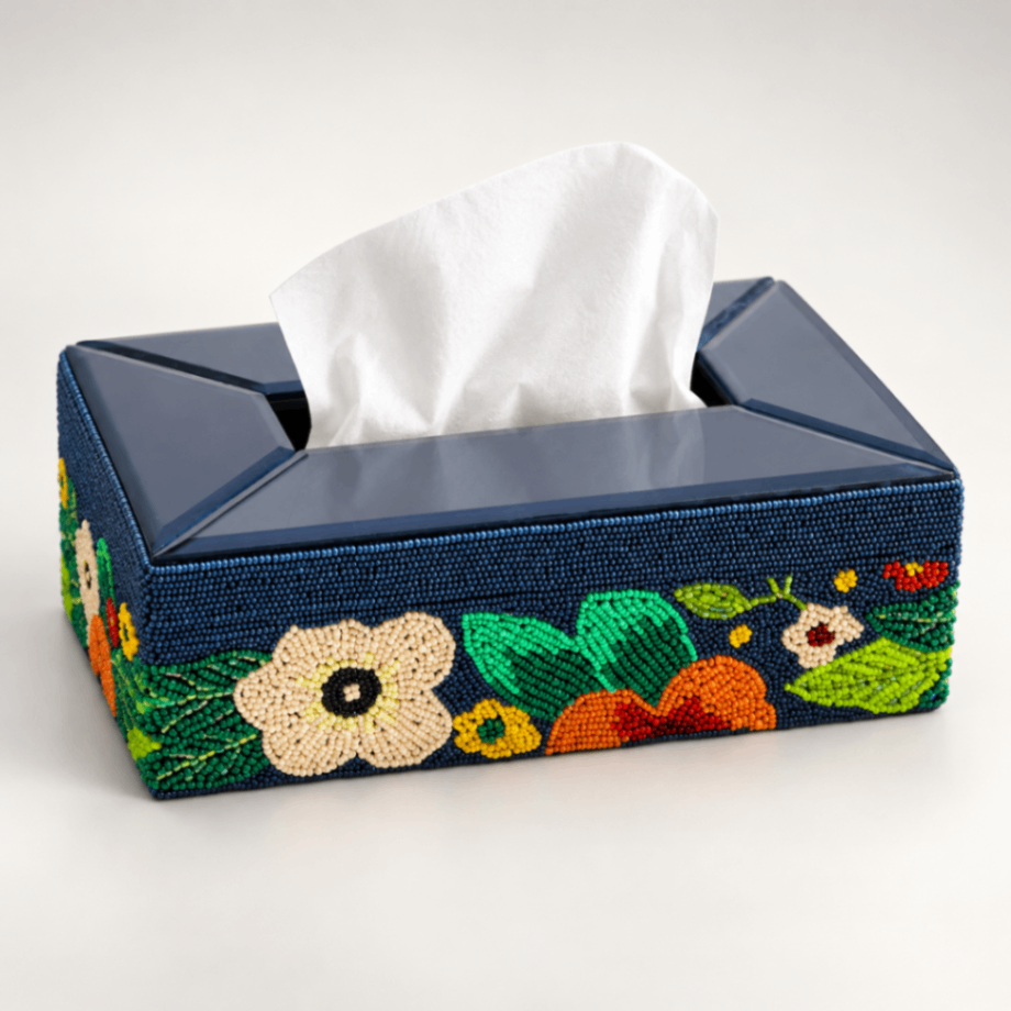 Beaded Floral Decorative Rectangular Dining Tissue Box for Dining and Home Use