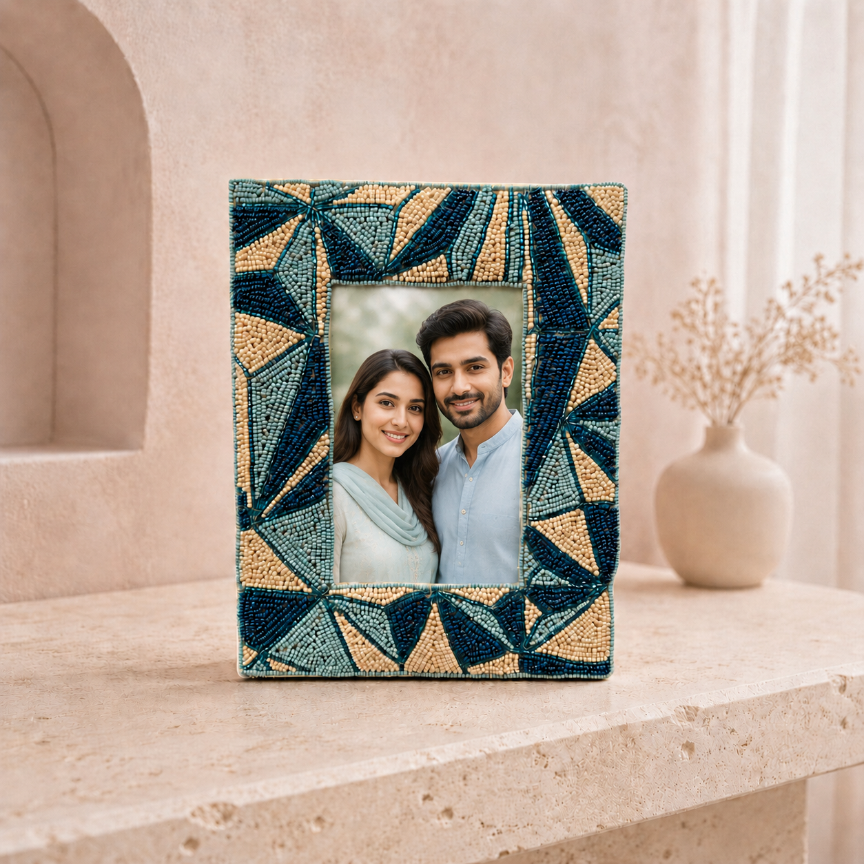 Handcrafted Geometric Beaded Photo Frame – Blue & Ivory