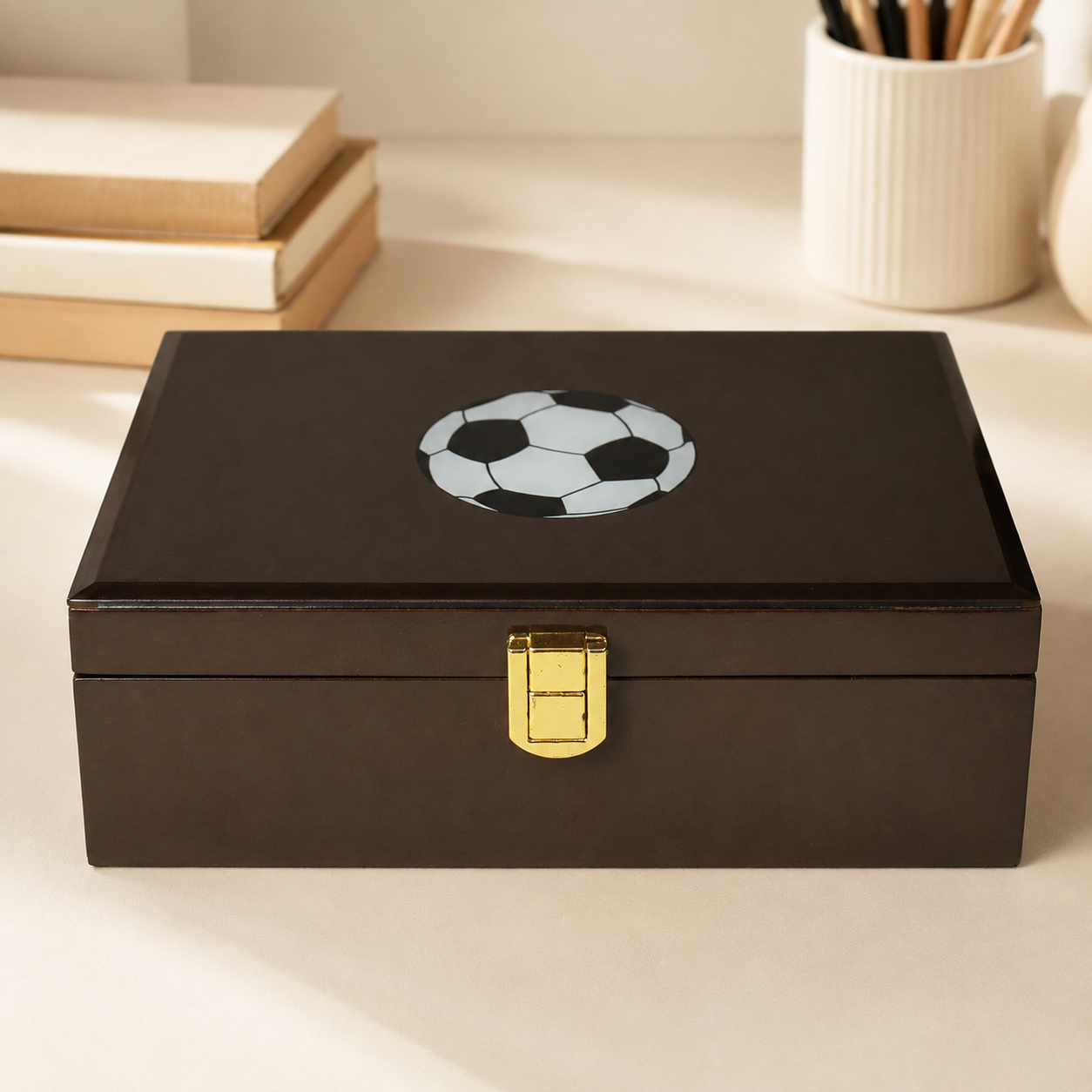Premium Brown Glass Storage Box with Football Design