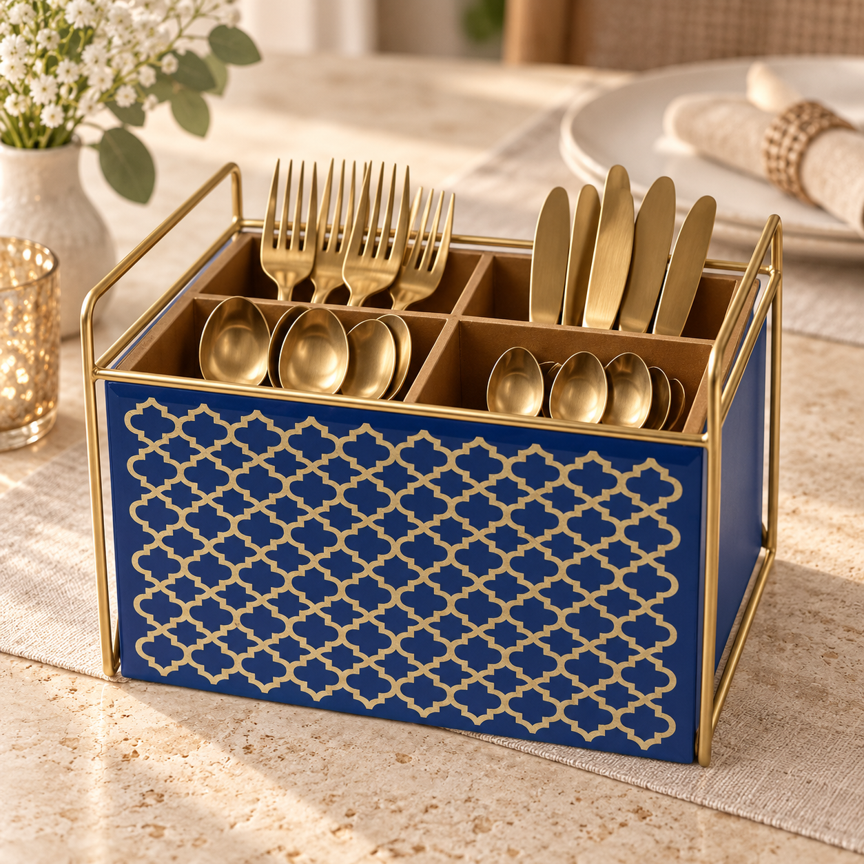  Designer Blue Glass Cutlery Holder With Four Partition 