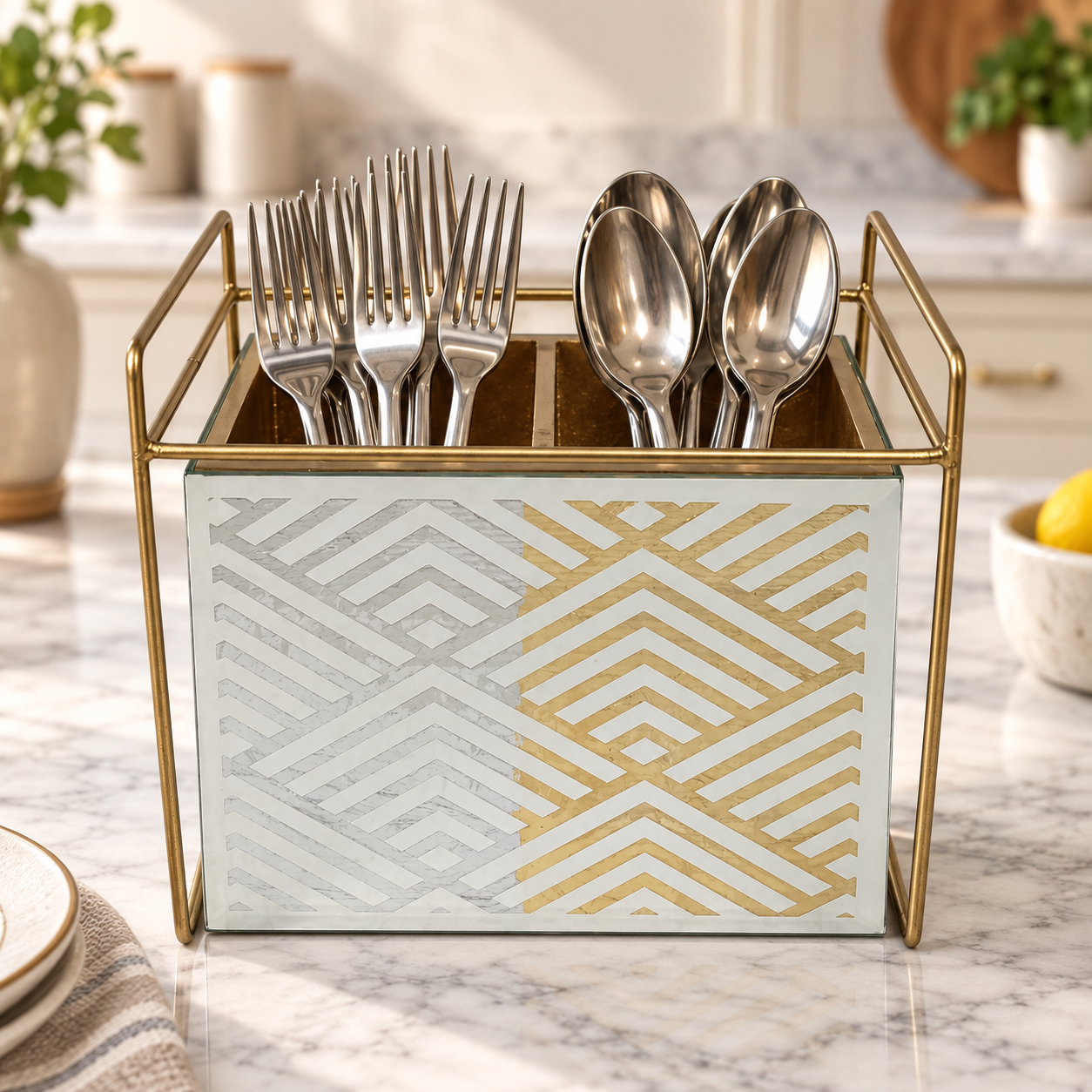  Designer Geometric design Silver & Gold Glass Cutlery Holder With Two Partition 