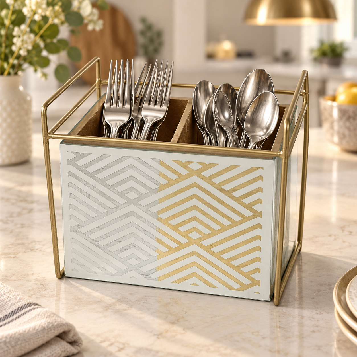  Designer Geometric design Silver & Gold Glass Cutlery Holder With Two Partition 