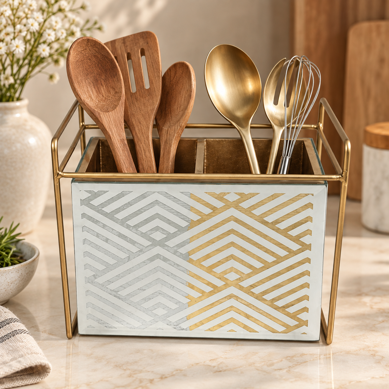 Designer Geometric design Silver & Gold Glass Cutlery Holder With Two Partition