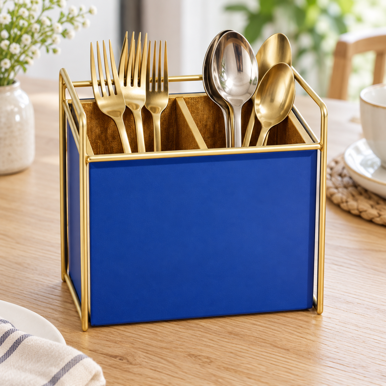 Luxury Blue Glass Cutlery Holder With Two Partition