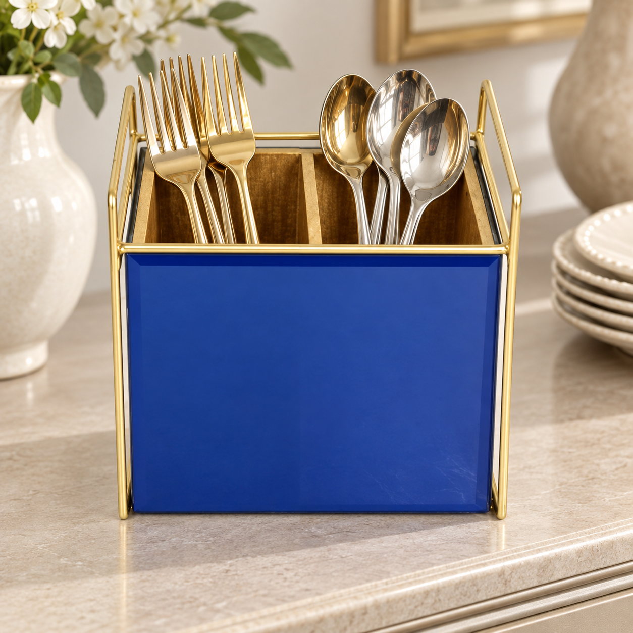 Luxury Blue Glass Cutlery Holder With Two Partition