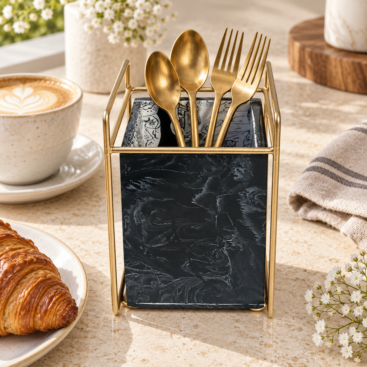 Luxury Textured Resin Cutlery Holder With Single Partition