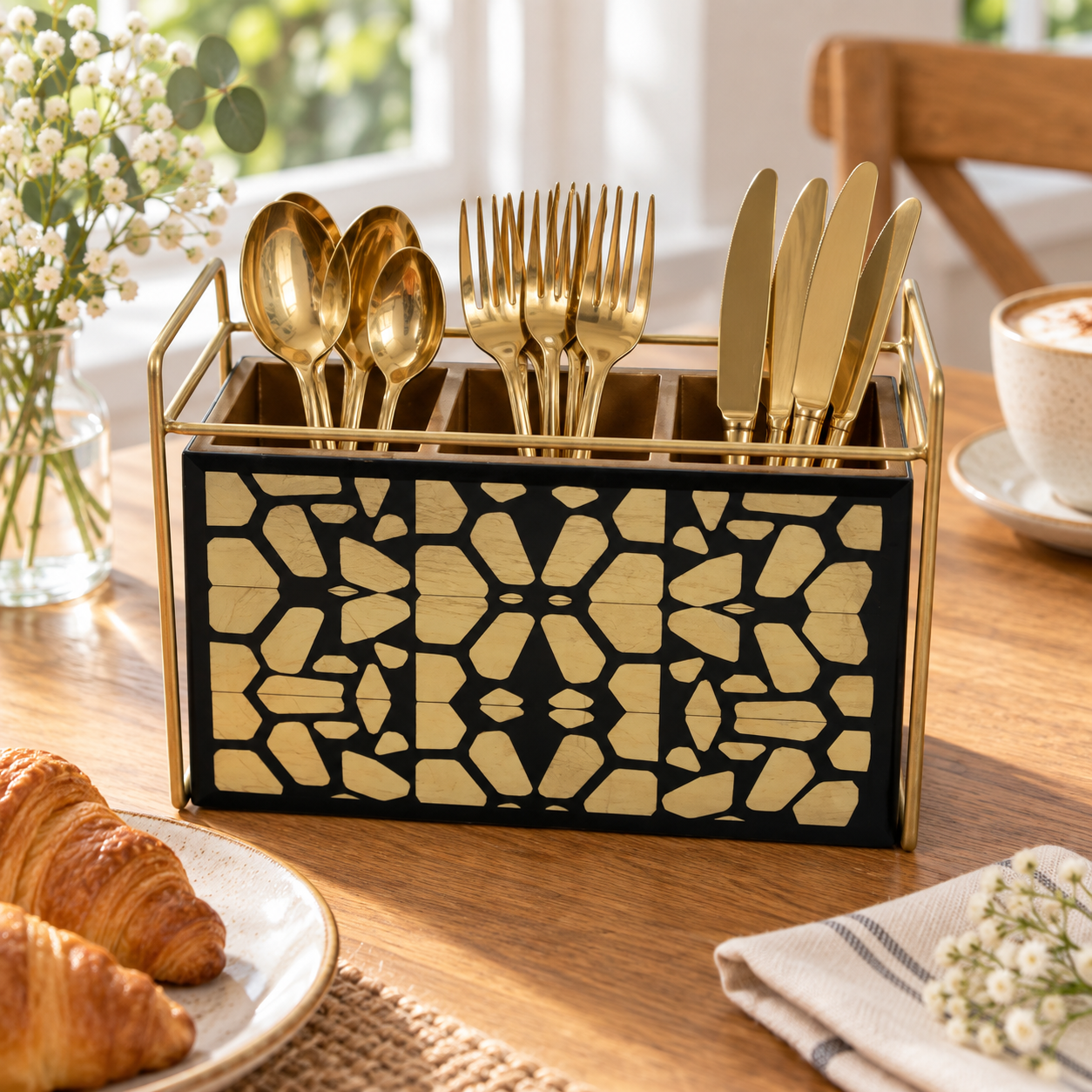 Modern Black & Gold 3-Compartment Cutlery Holder Organizer