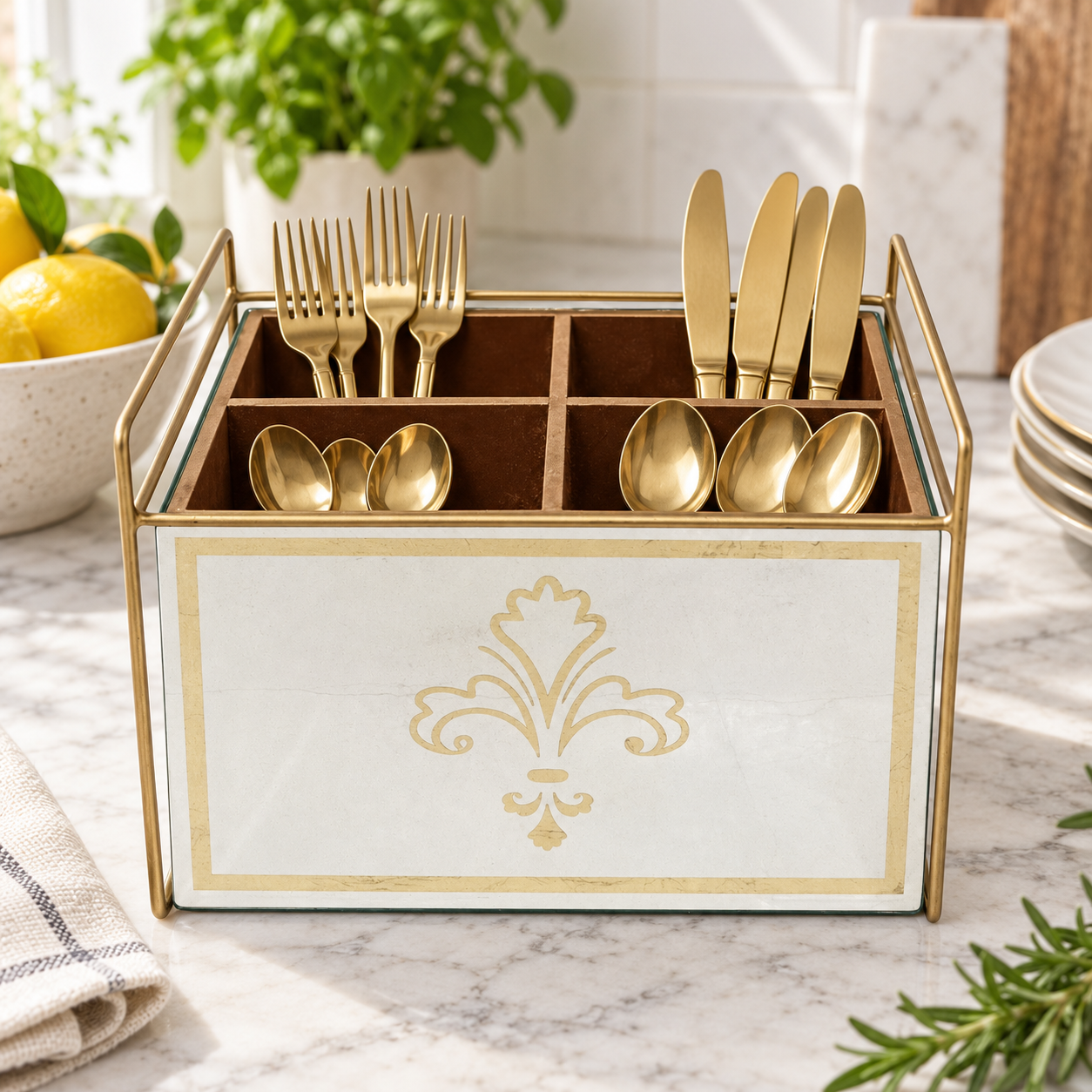 Luxury Lilly Designed Silver & Gold Glass Cutlery Holder with Four Partition