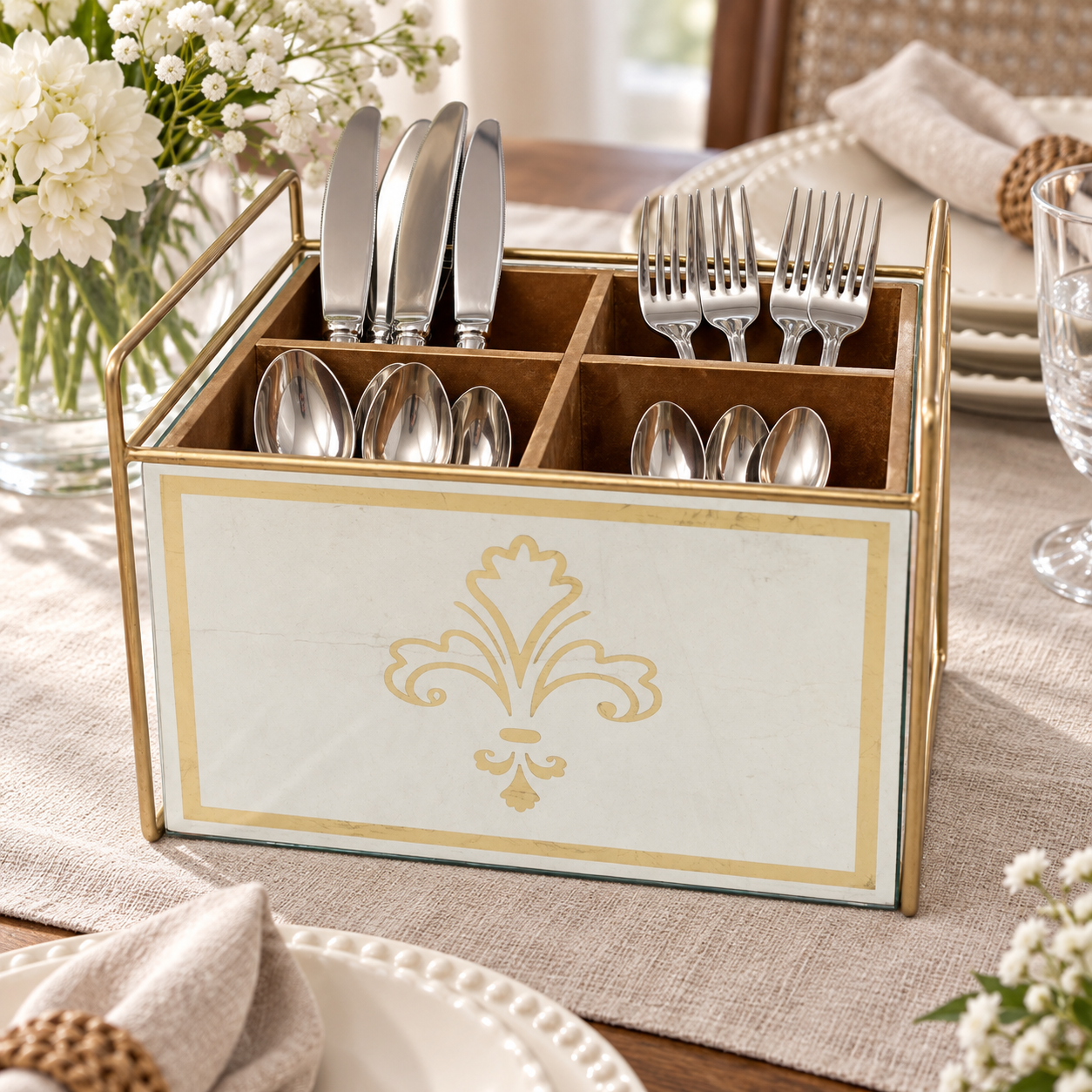 Luxury Lilly Designed Silver & Gold Glass Cutlery Holder with Four Partition