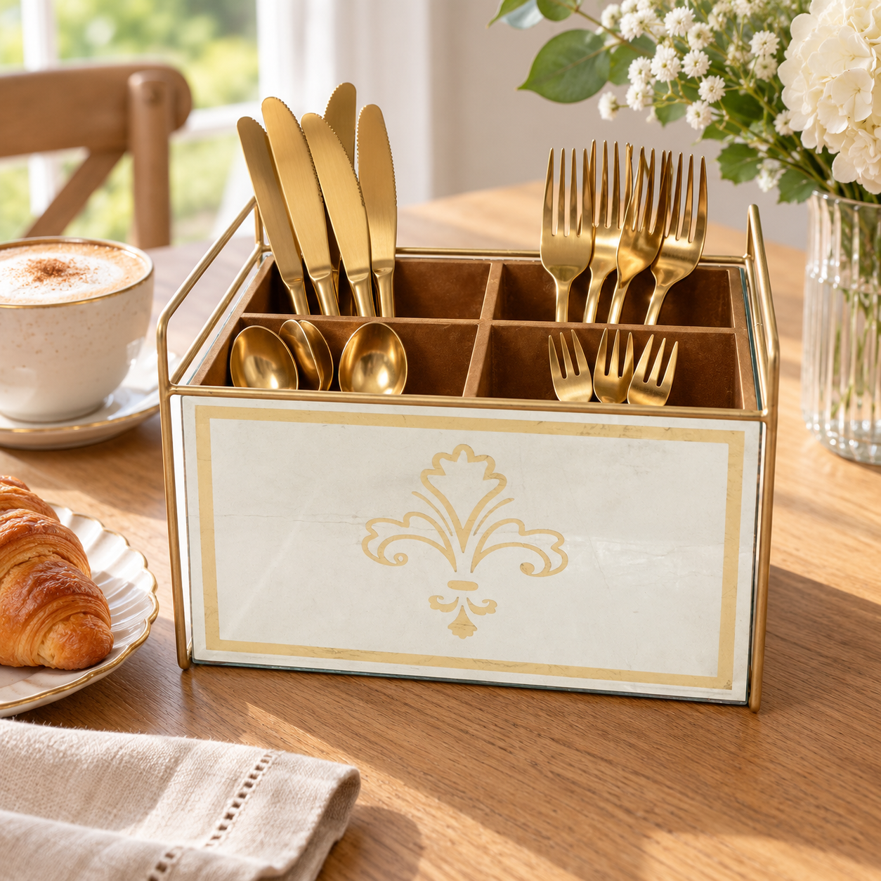 Luxury Lilly Designed Silver & Gold Glass Cutlery Holder with Four Partition