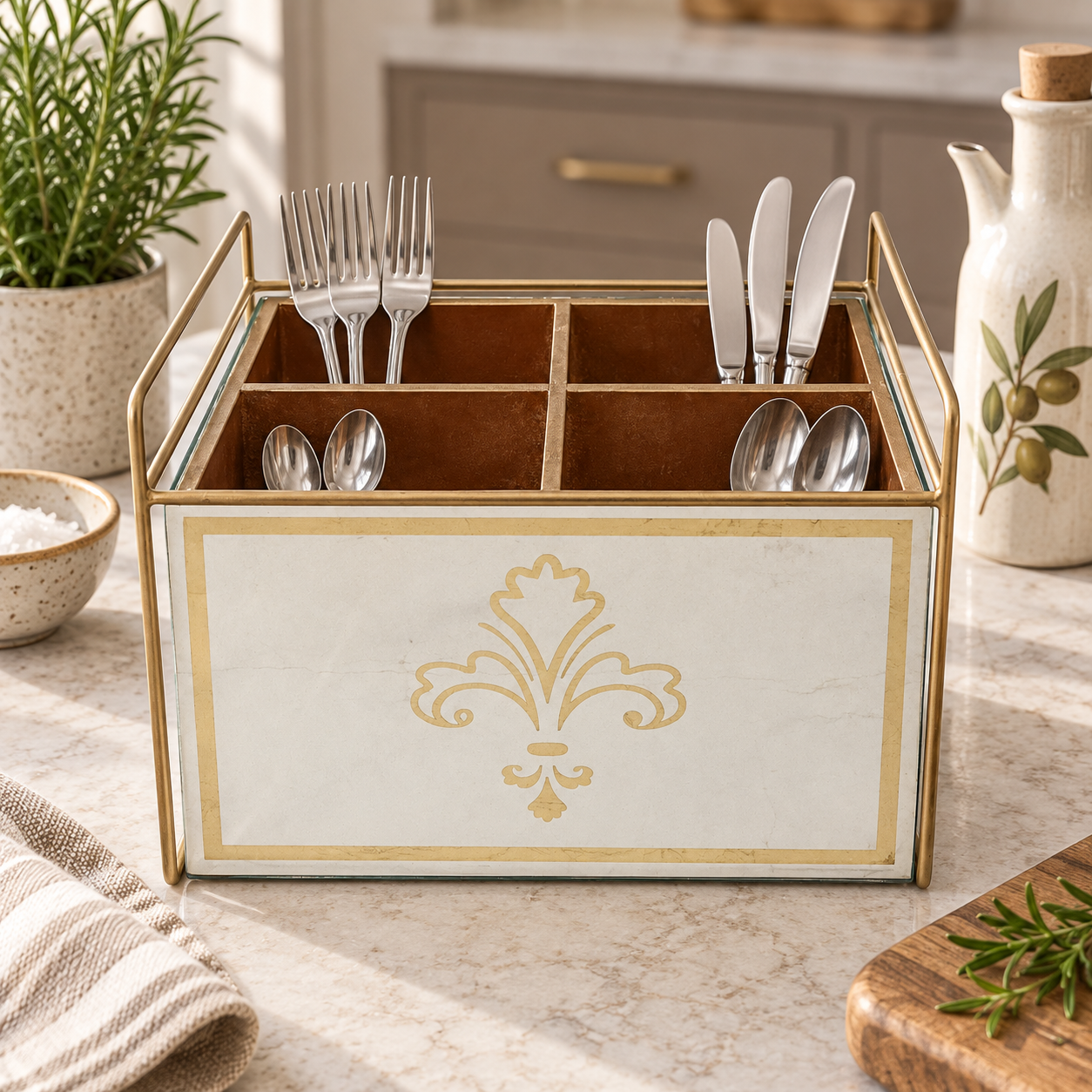 Luxury Lilly Designed Silver & Gold Glass Cutlery Holder with Four Partition