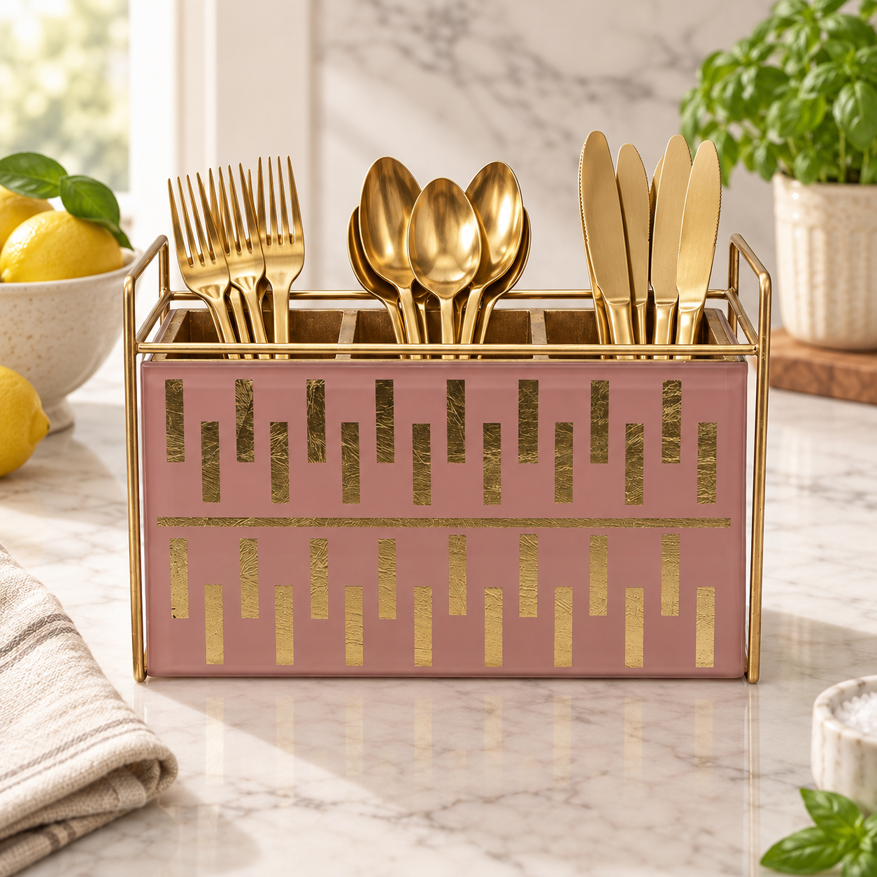  Luxury Pink Gold Glass Cutlery Holder With Three Partition 