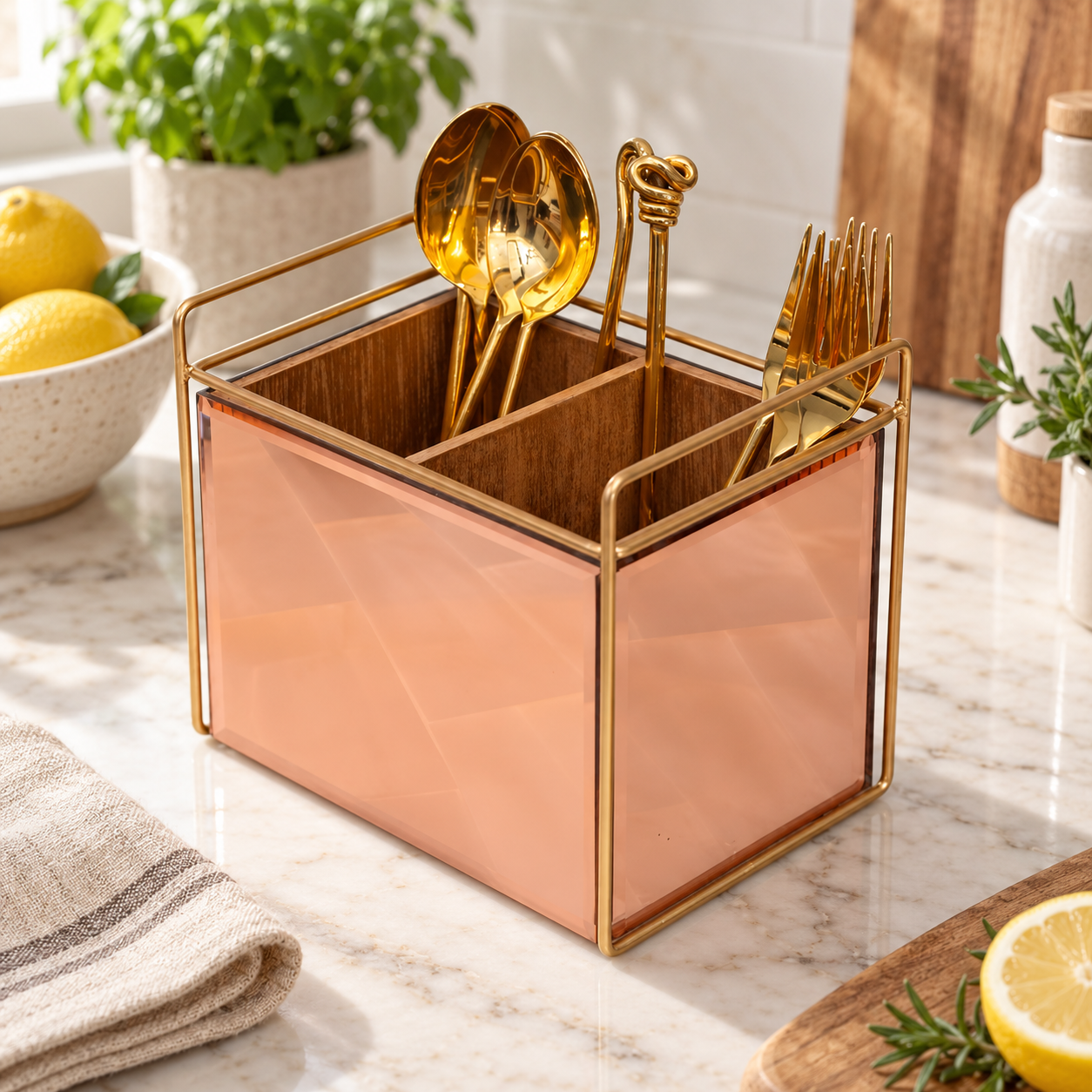 Luxury Rose Gold Glass Cutlery Holder Two Partition