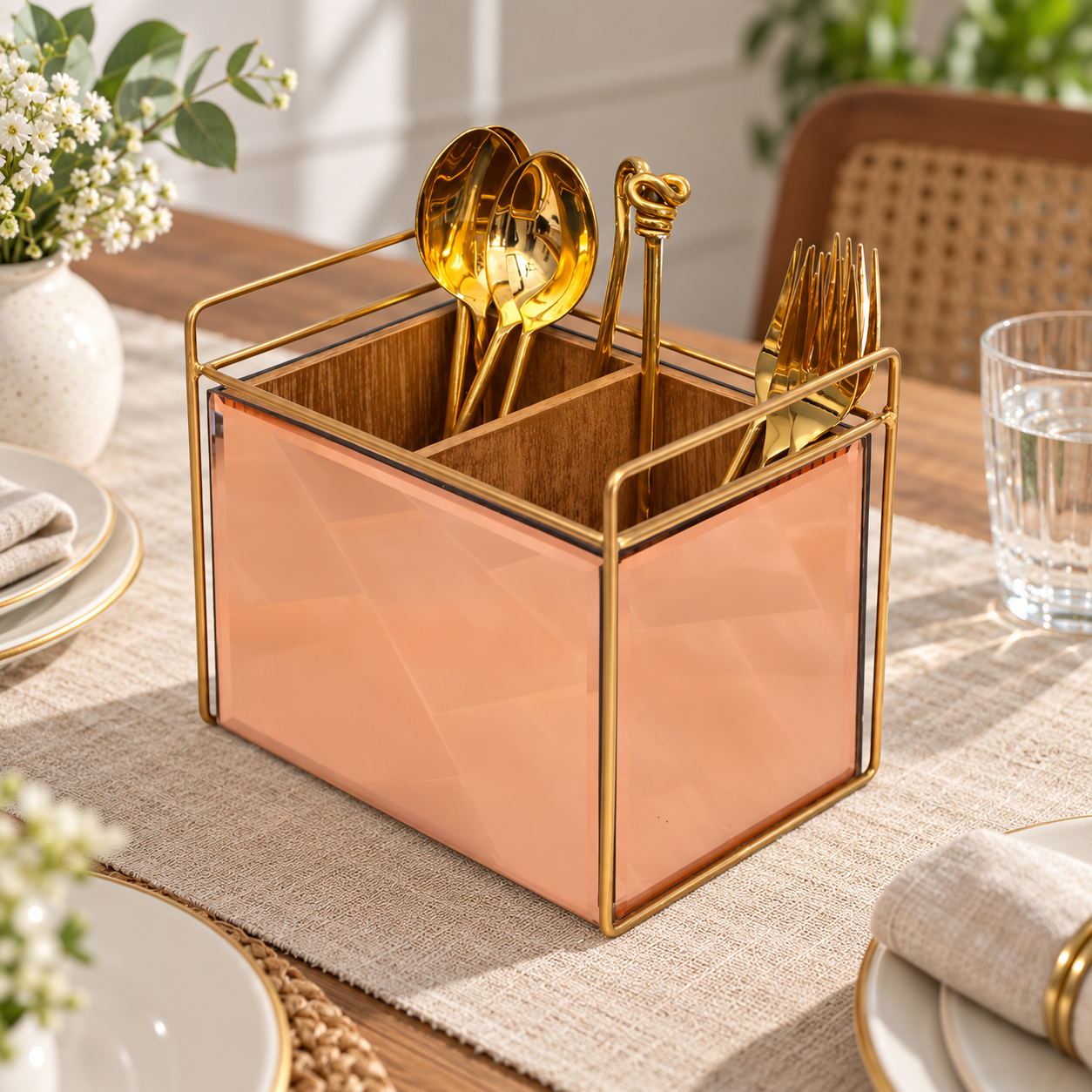  Luxury Rose Gold Glass Cutlery Holder Two Partition 