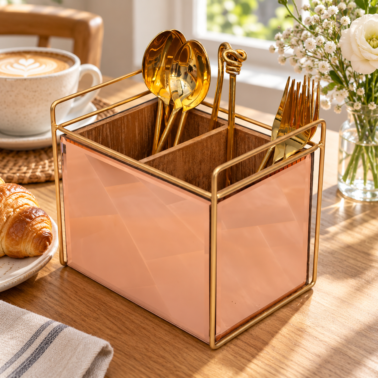  Luxury Rose Gold Glass Cutlery Holder Two Partition 