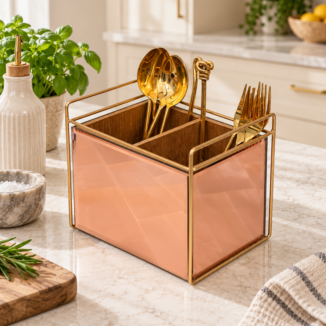 Luxury Rose Gold Glass Cutlery Holder Two Partition