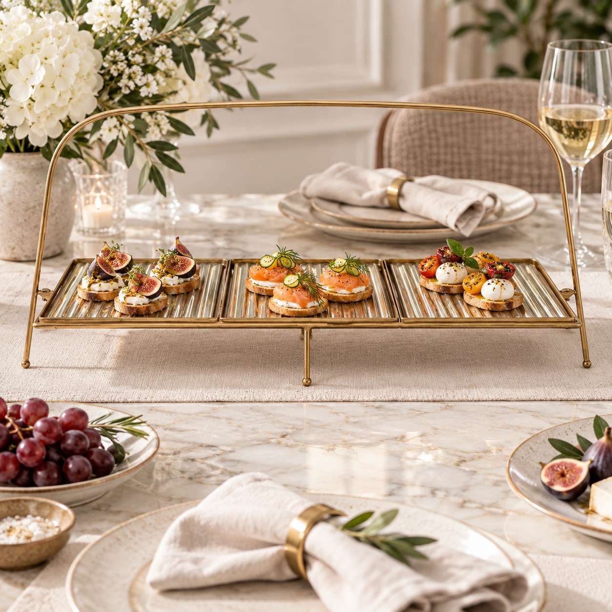  Premium Metal Long Cradle Triple Tray Serving Food Platter 