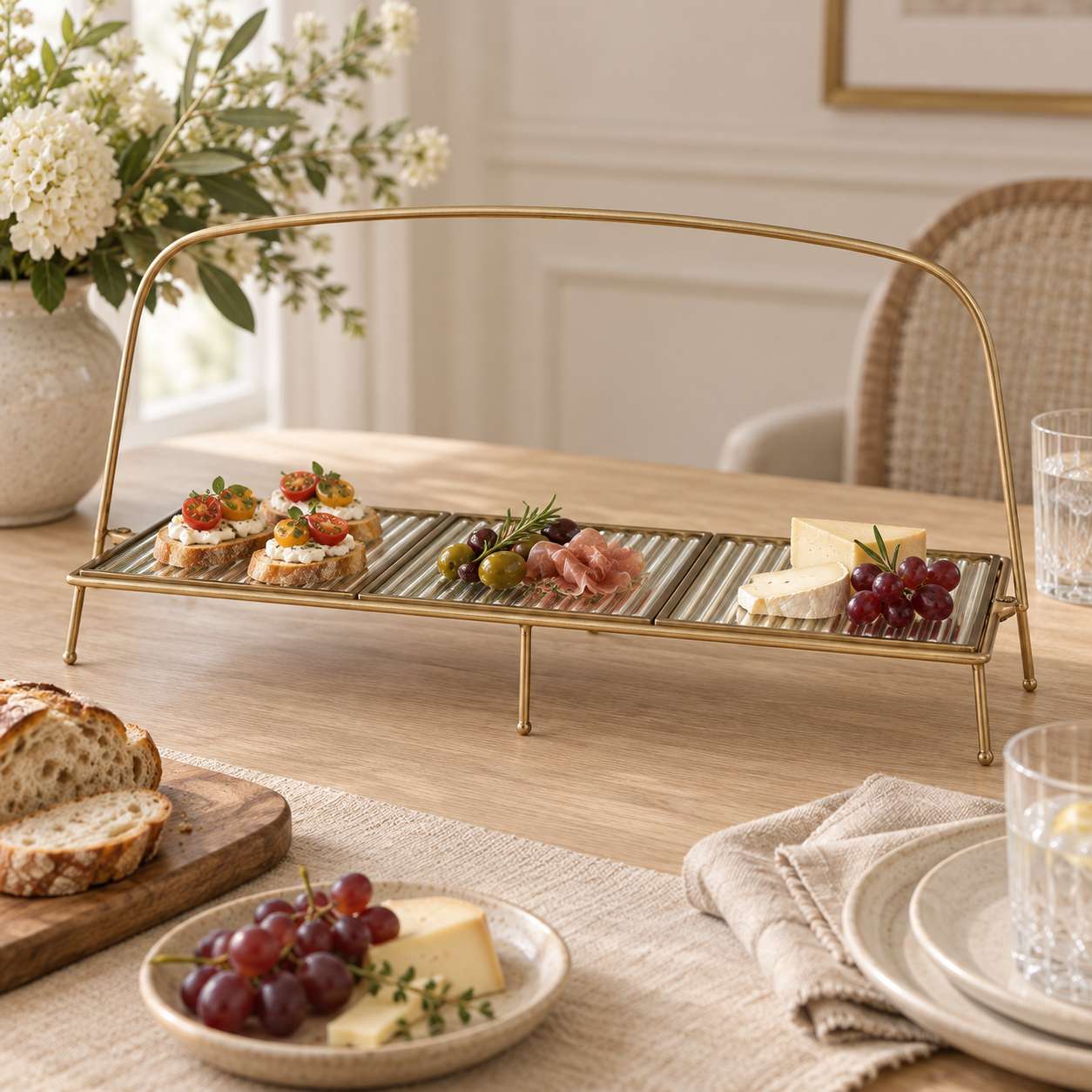  Premium Metal Long Cradle Triple Tray Serving Food Platter 