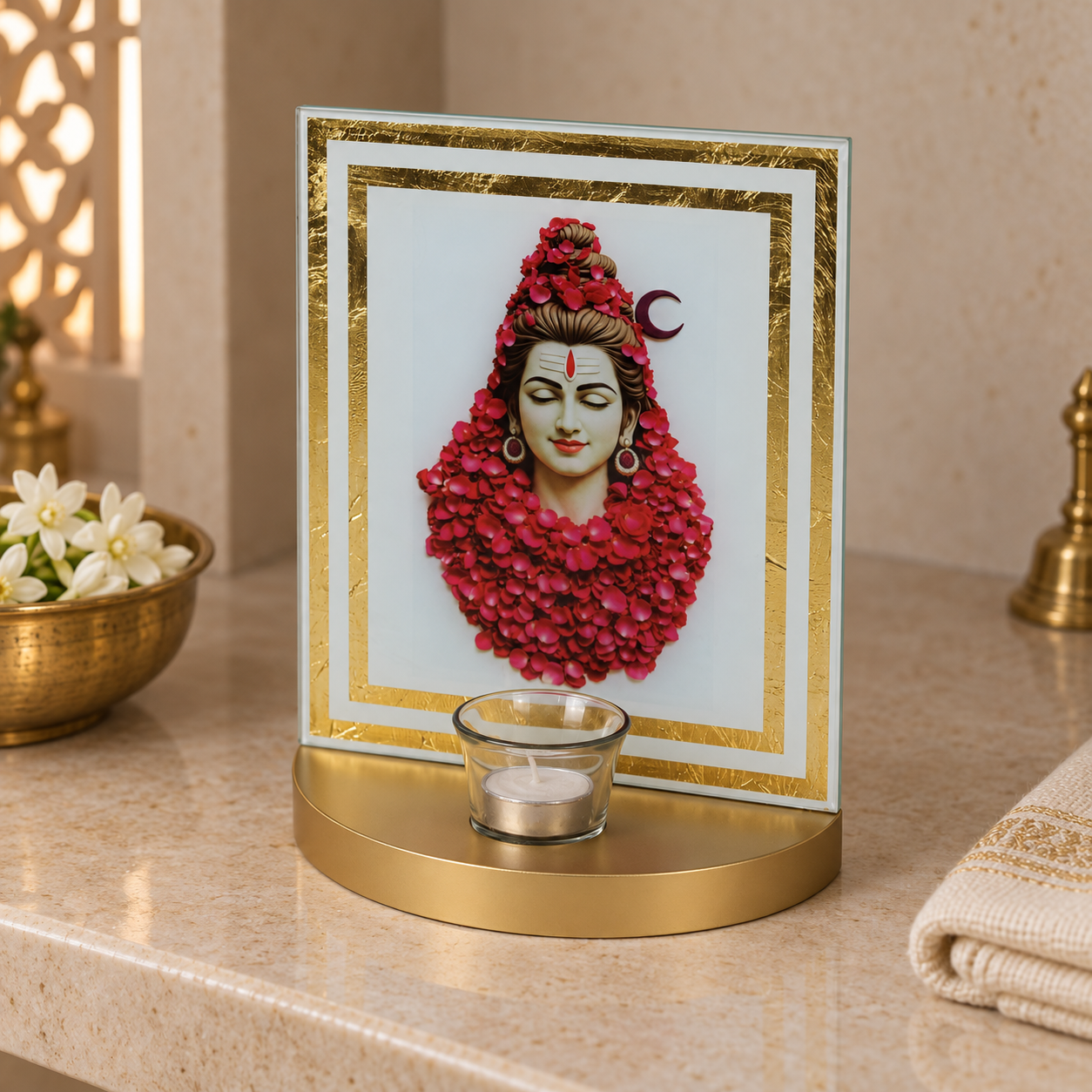 Lord Shiva Photo Frame with Tealight Candle Holder | Rose Petal Design Gold Base Showpiece