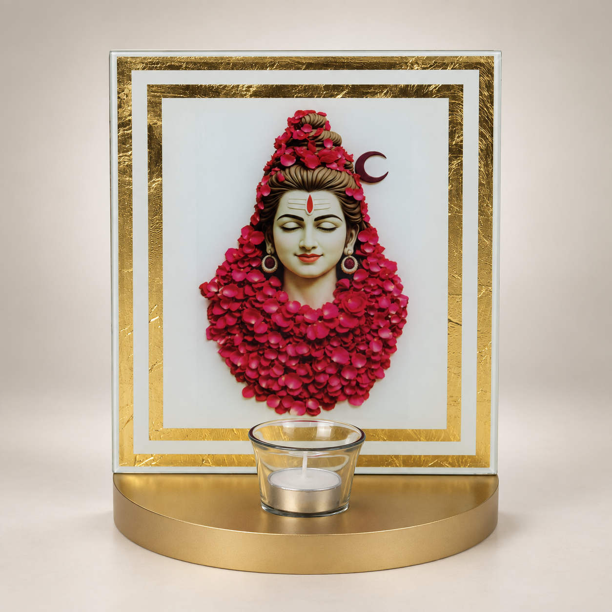 Lord Shiva Photo Frame with Tealight Candle Holder | Rose Petal Design Gold Base Showpiece
