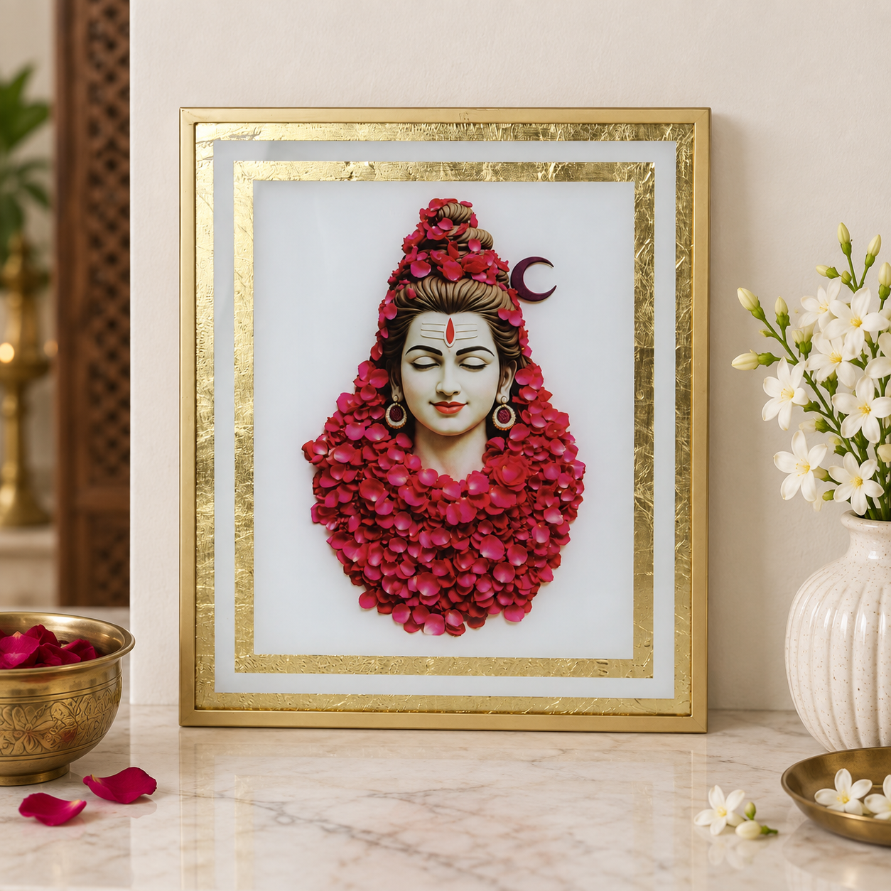 Lord Shiva Floral Art Framed Wall Painting | Rose Petal Design Gold Frame