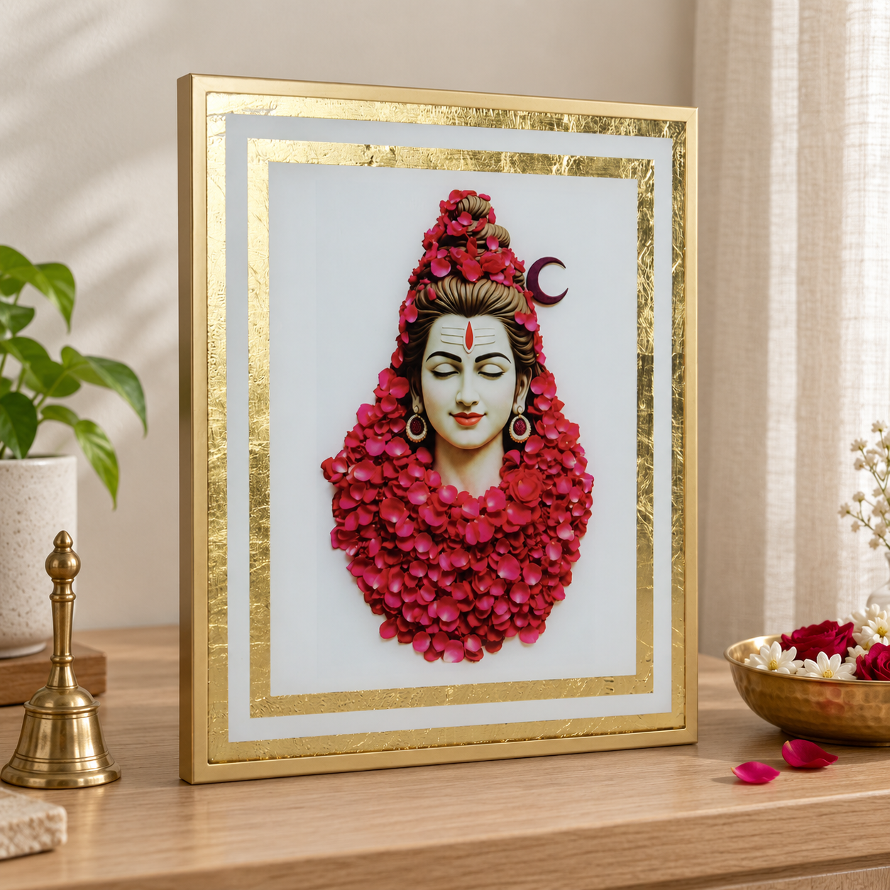 Lord Shiva Floral Art Framed Wall Painting | Rose Petal Design Gold Frame
