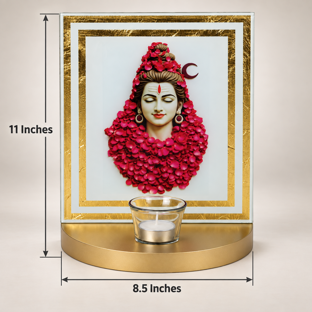 Lord Shiva Photo Frame with Tealight Candle Holder | Rose Petal Design Gold Base Showpiece