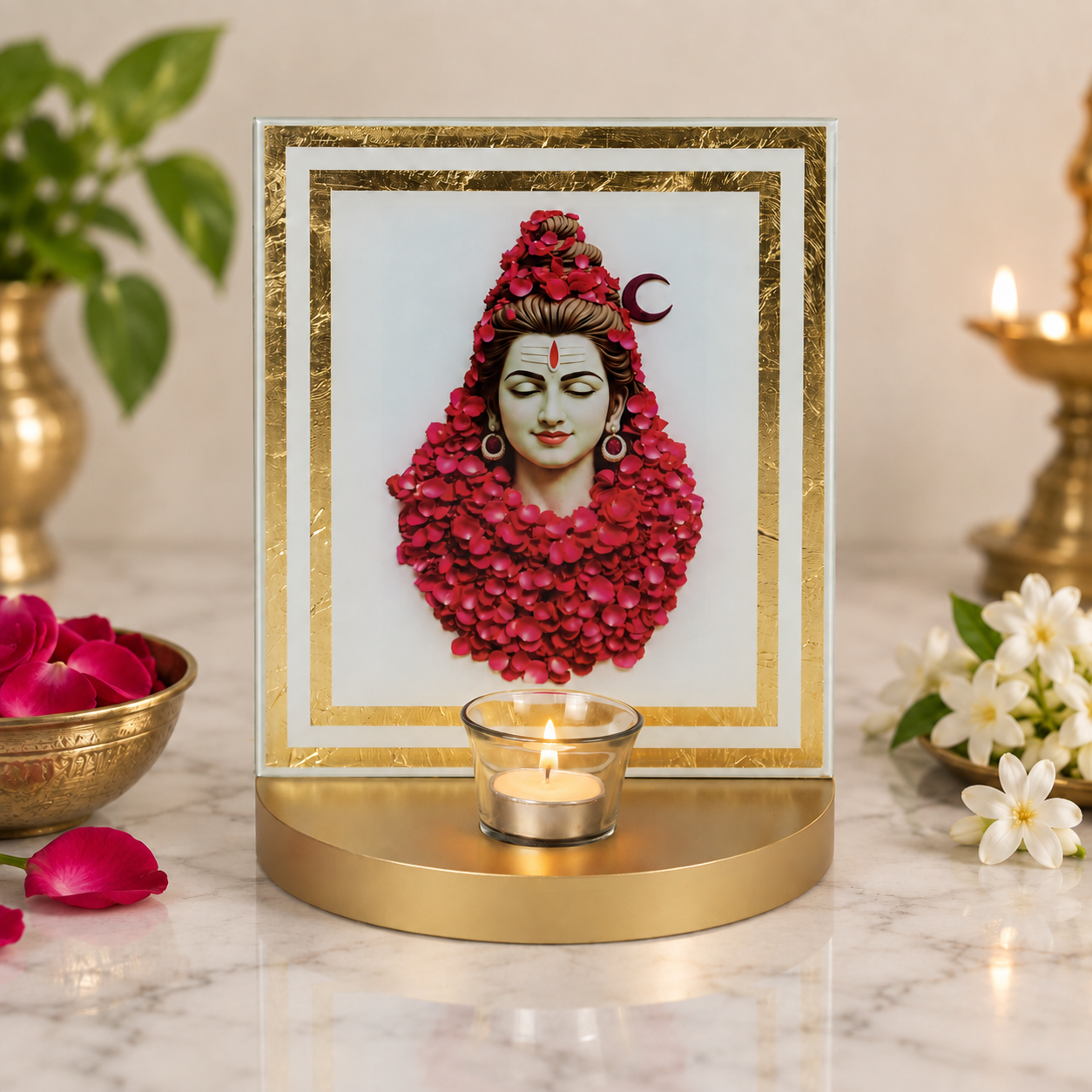Lord Shiva Photo Frame with Tealight Candle Holder | Rose Petal Design Gold Base Showpiece