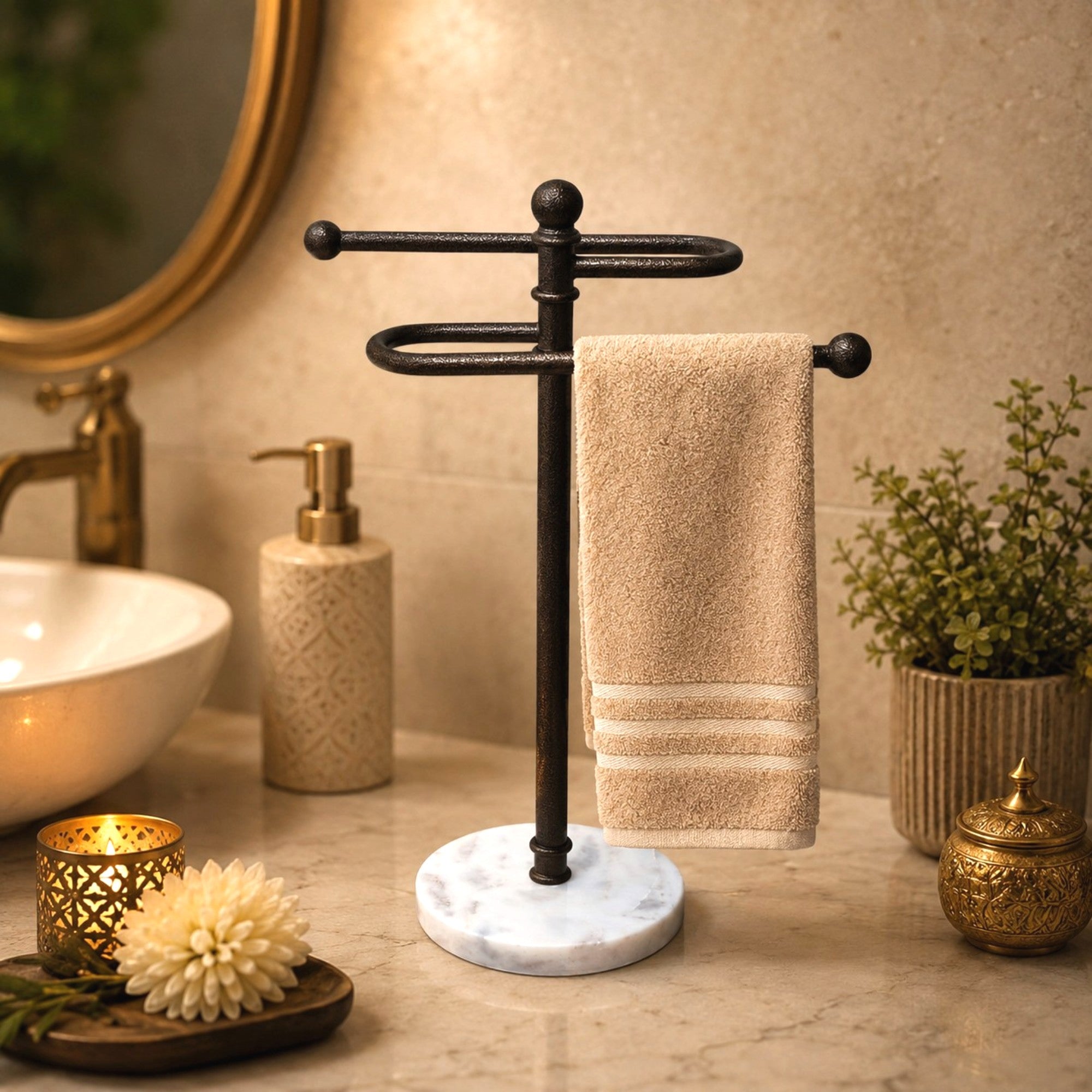 Luxury Marble Base With Powder Coated Towel Stand for Bathroom