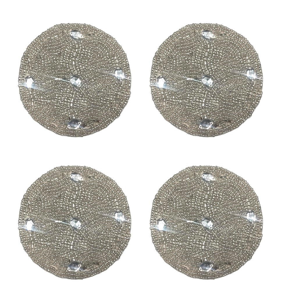 Round Diamond Design Beaded Coaster in Silver Colour Set of Four