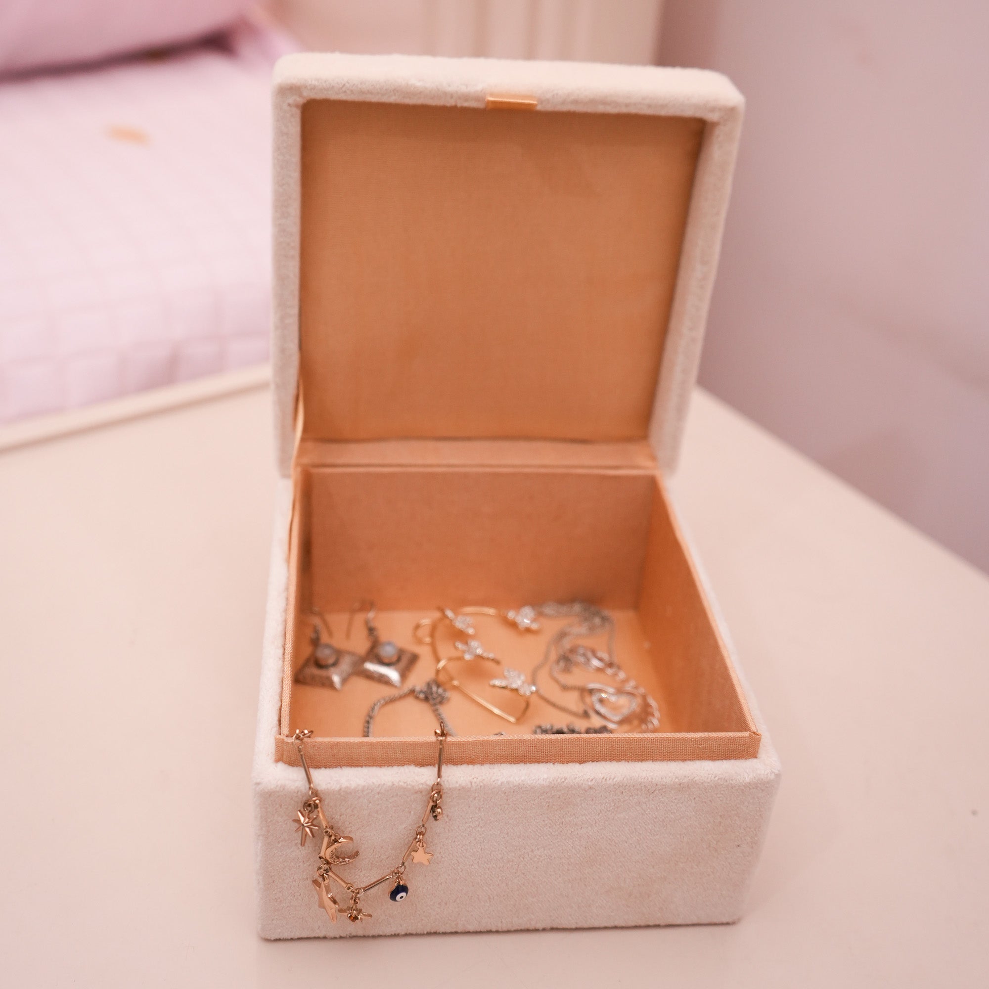 Crown Embroidered Velvet Beige Jewellery Box