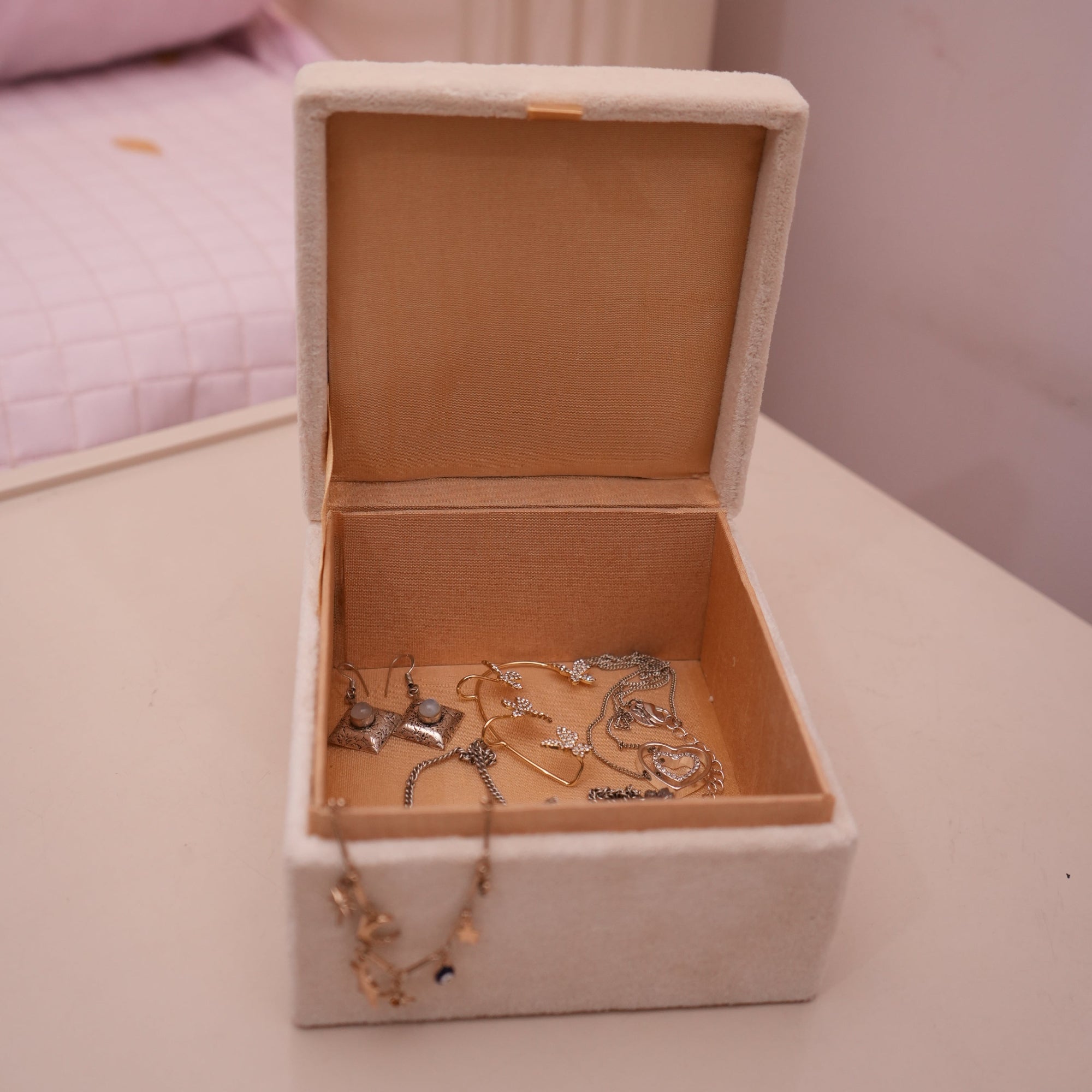 Crown Embroidered Velvet Beige Jewellery Box