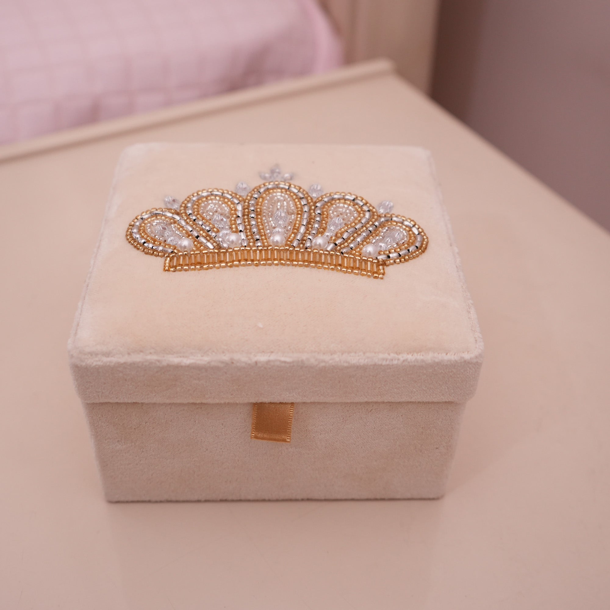 Crown Embroidered Velvet Beige Jewellery Box