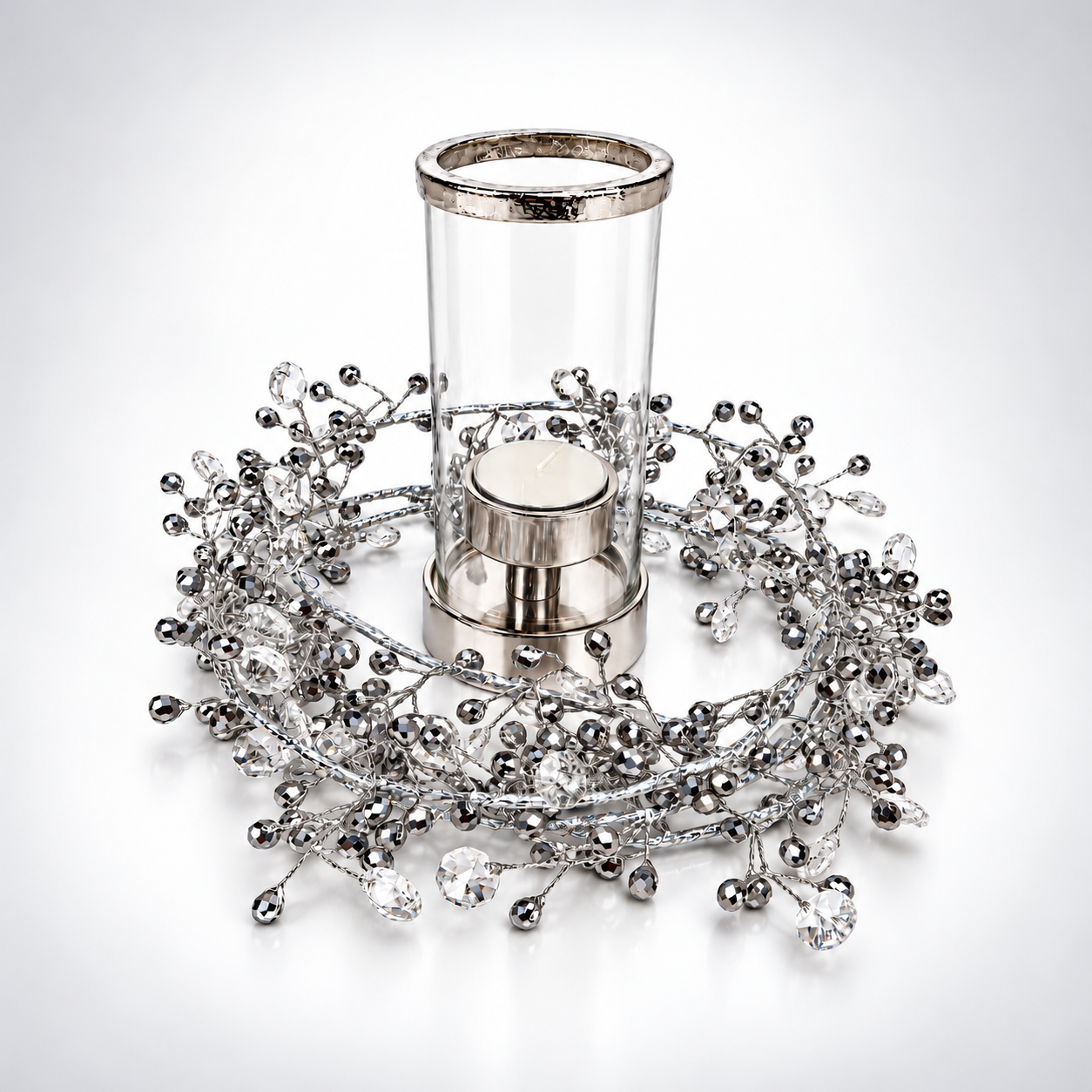 Silver Crystal Tealight Candle Holder with Silver Decorative Garland