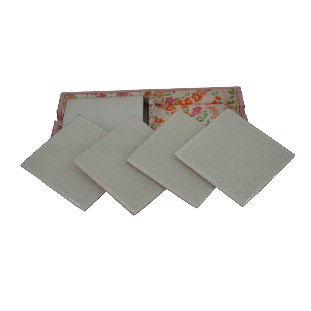 Glass & Printed Fabric Coaster Set of Eight with Caddy