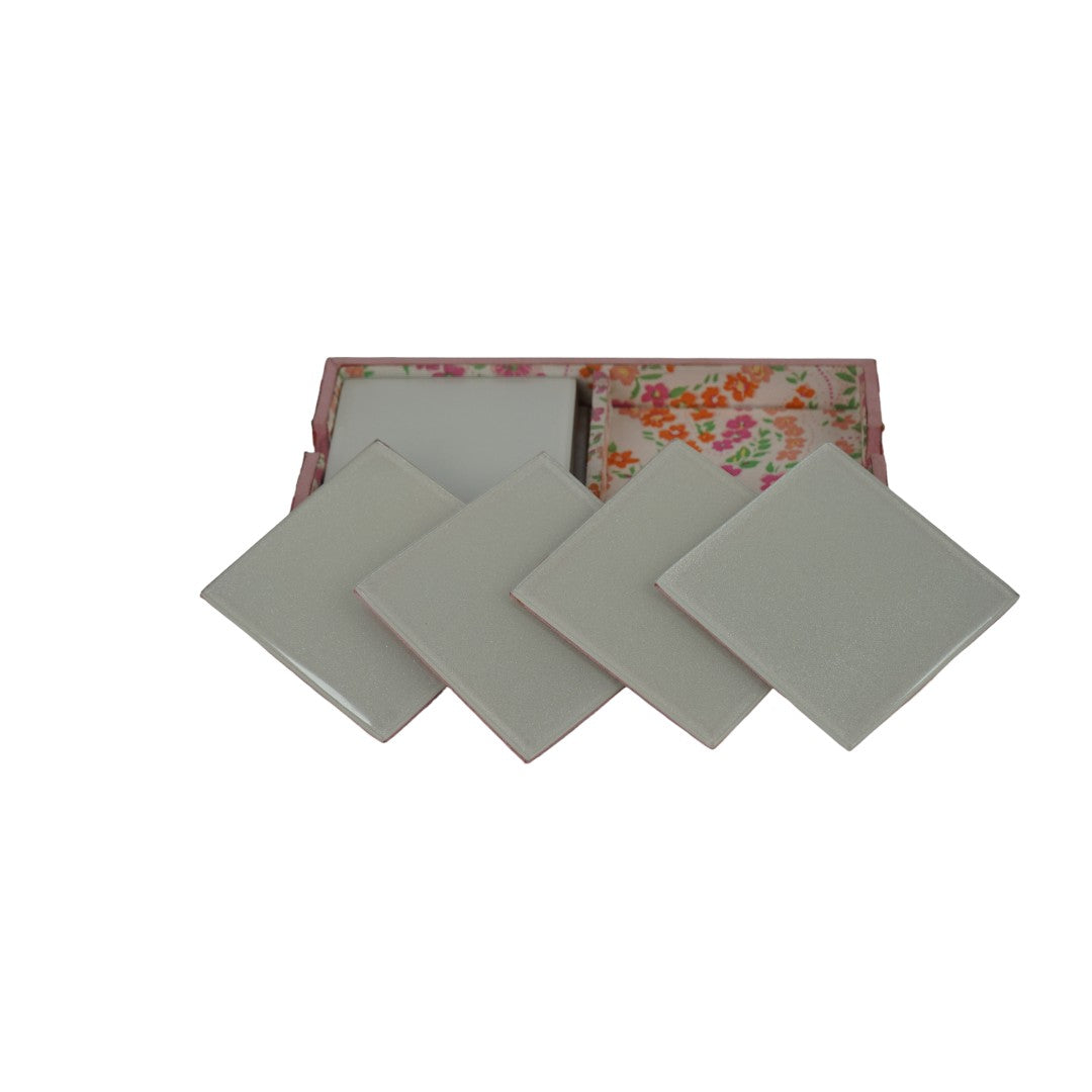 Glass & Printed Fabric Coaster Set of Eight with Caddy