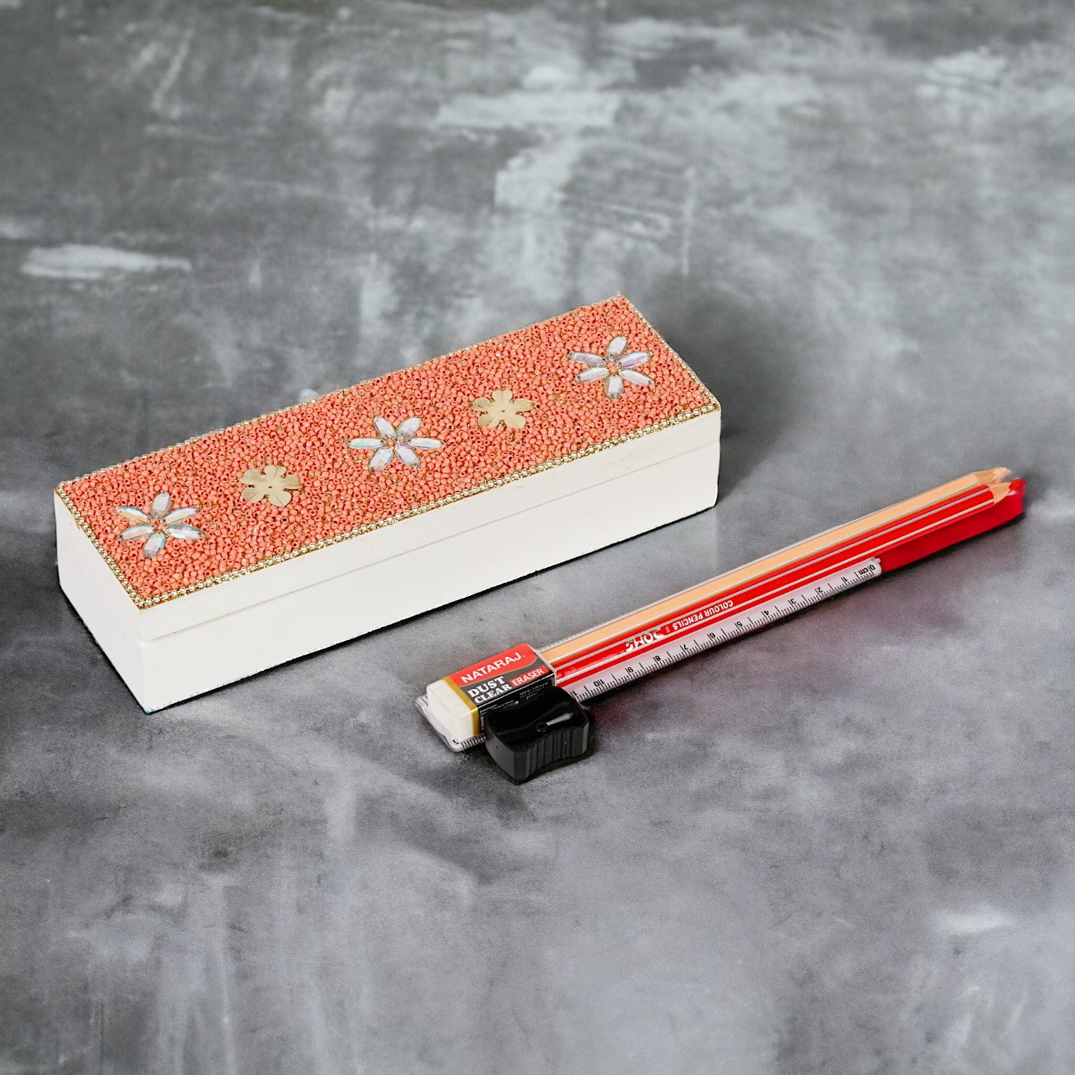 Flower Beaded Pencil Box for Kids