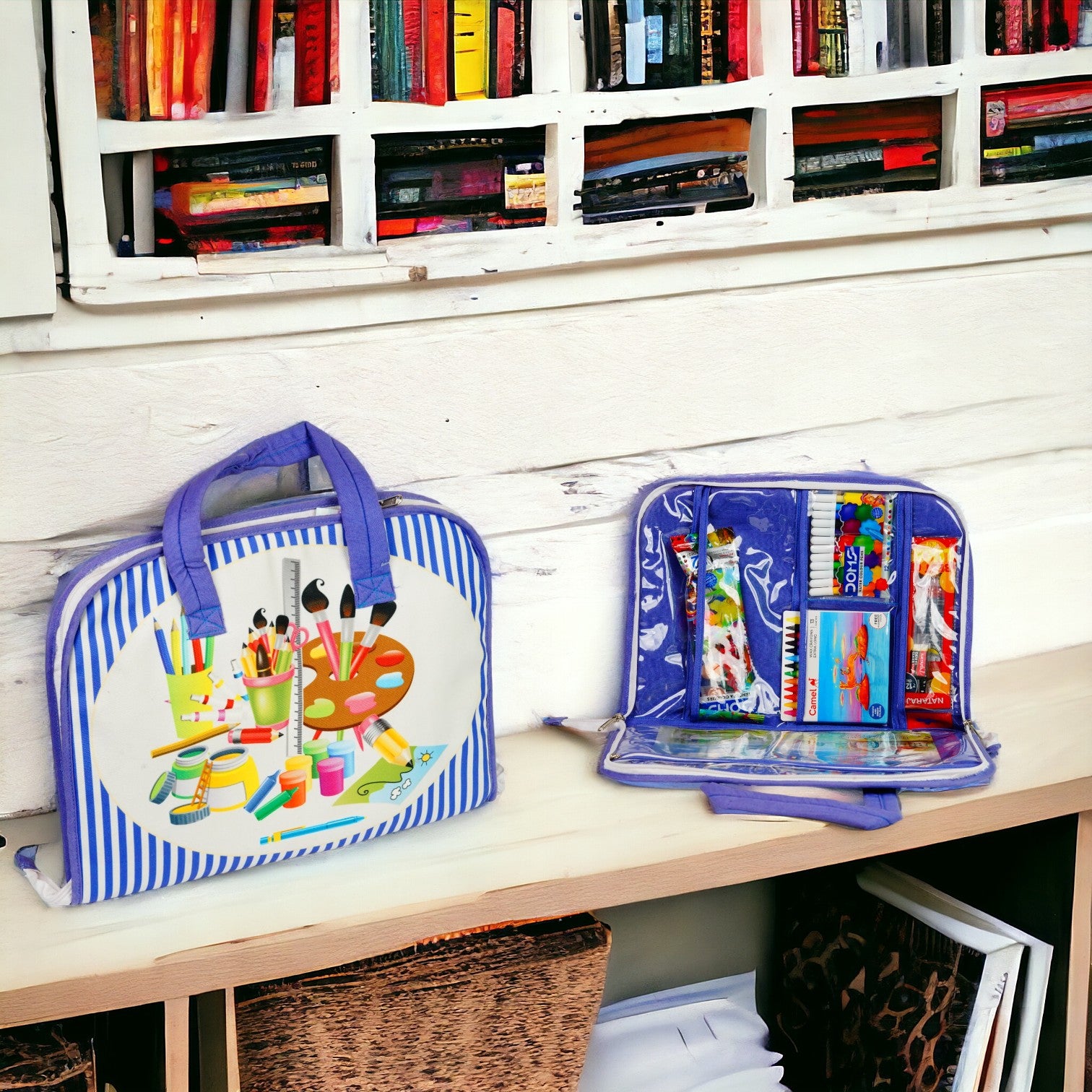  Digital Printed Fabric Blue Strip Design Art Bags with Stationery Kit for Kids 