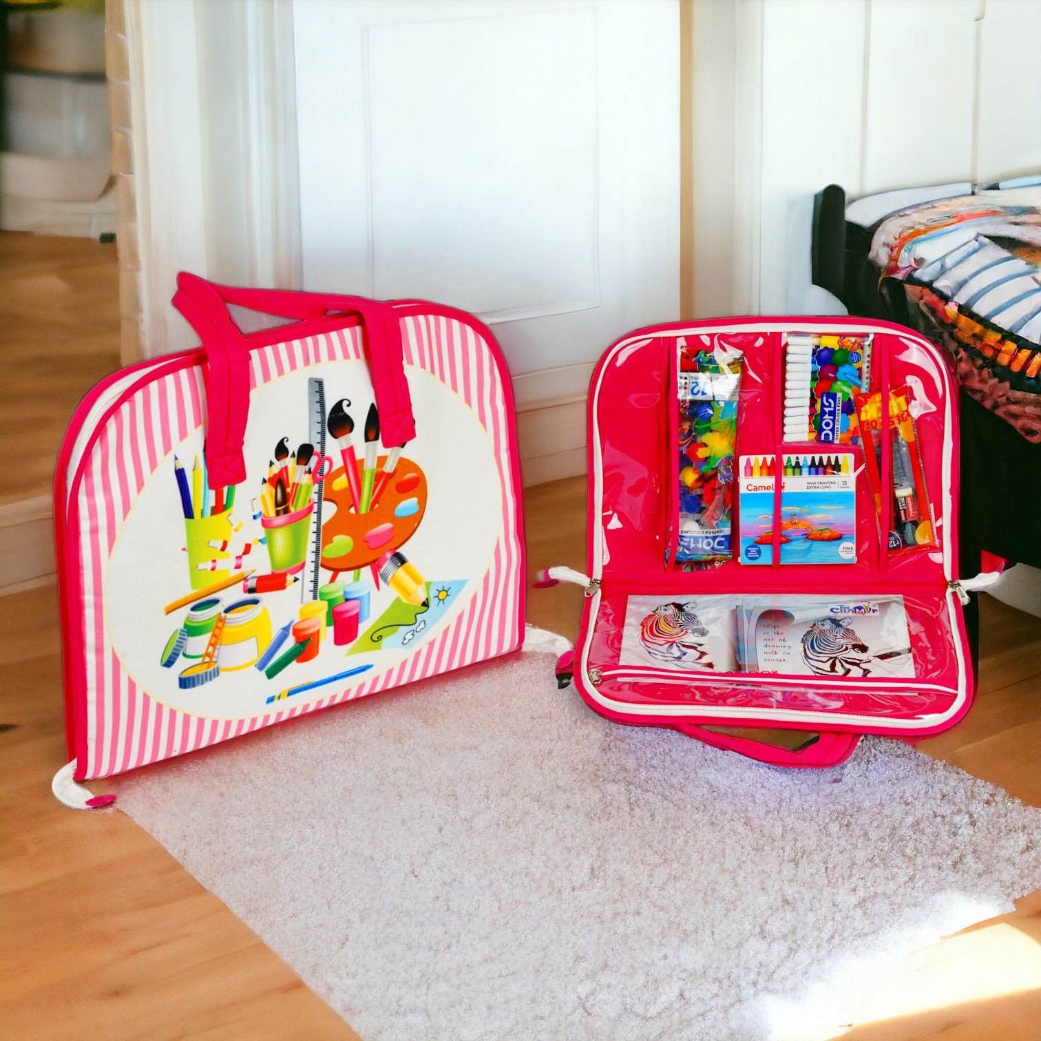  Digital Printed Fabric Red Strip Design Art Bag with Stationery Kit for Kids 