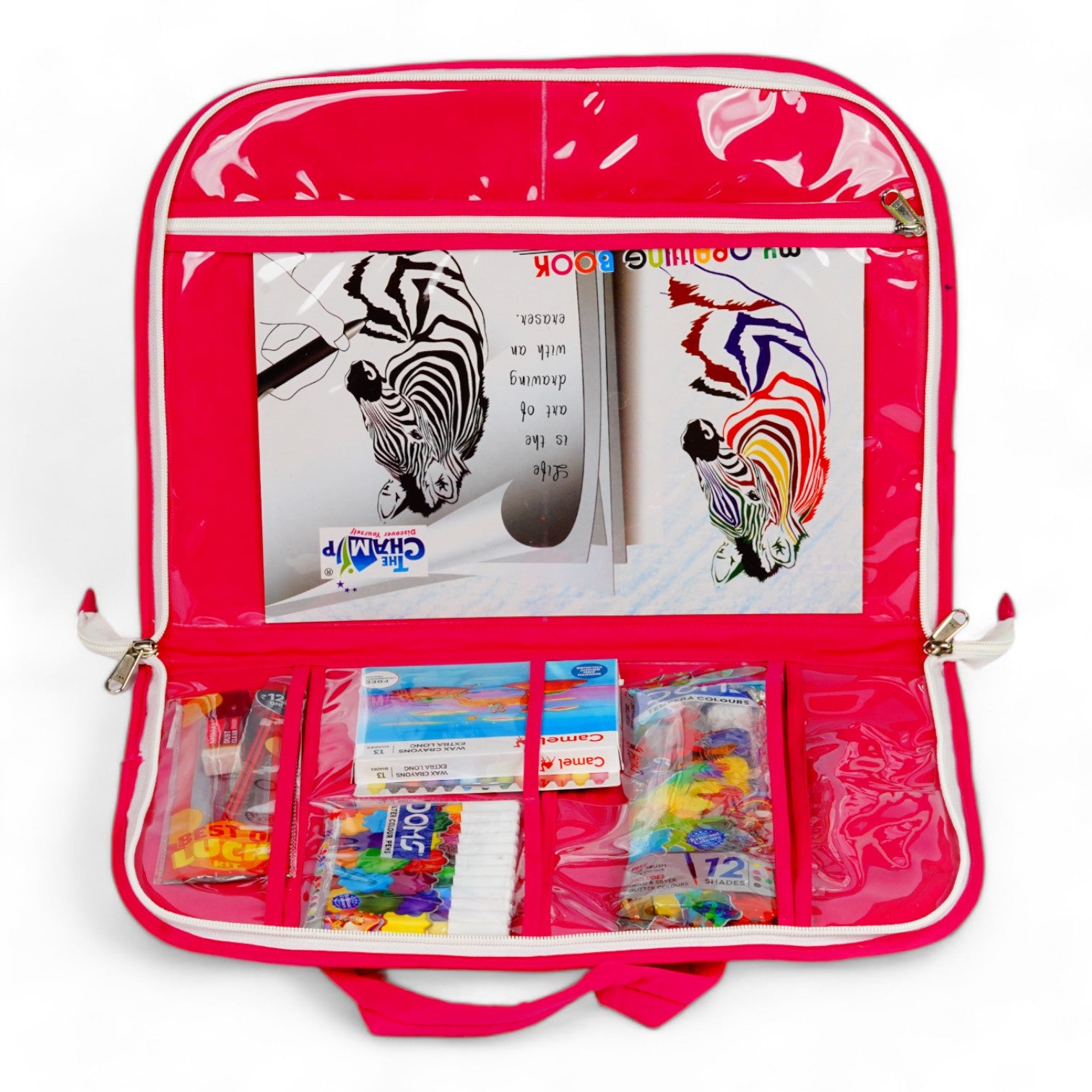 Digital Printed Fabric Red Strip Design Art Bag with Stationery Kit for Kids