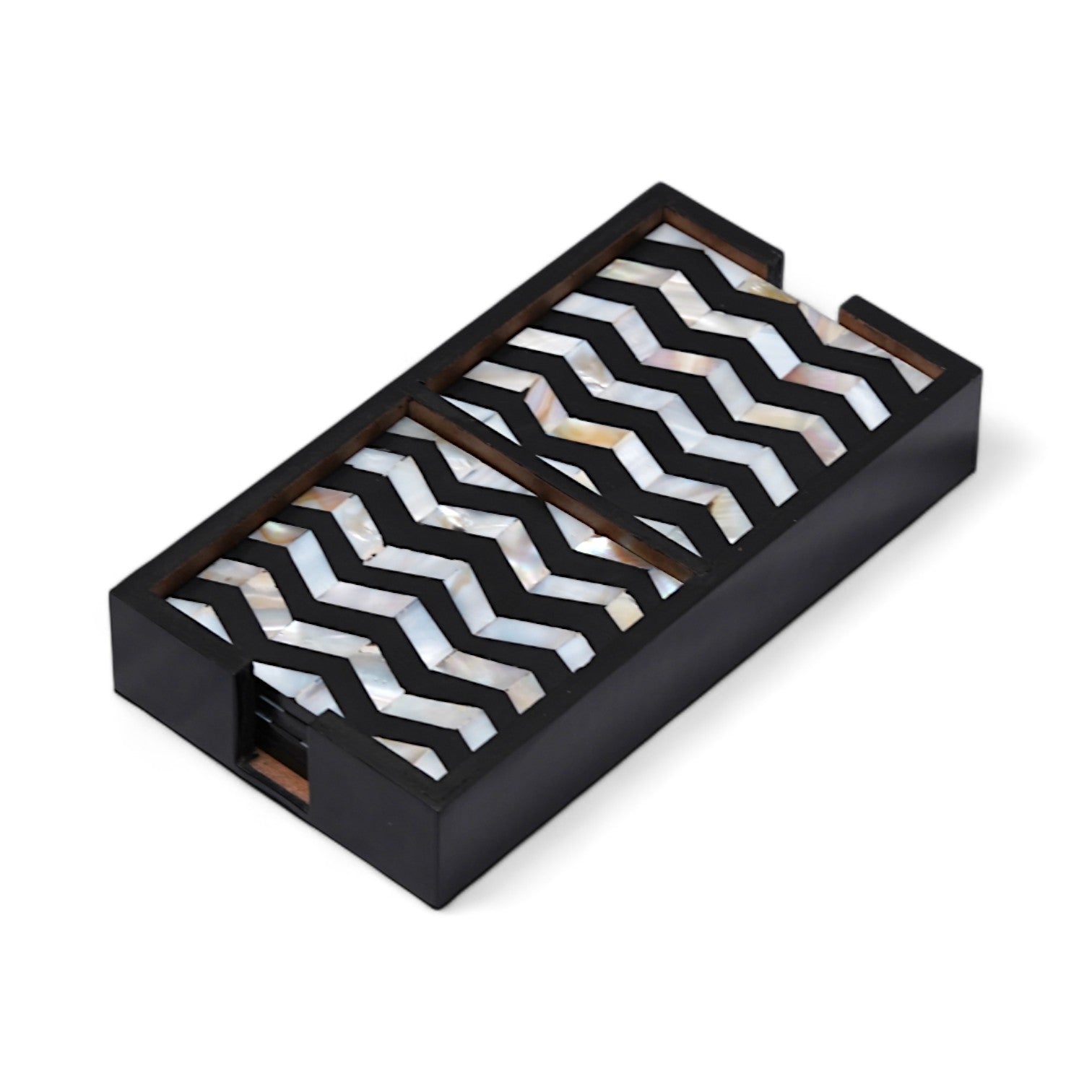 Zig Zag Design MOP/Resin Coaster Set of Eight with Caddy Tray