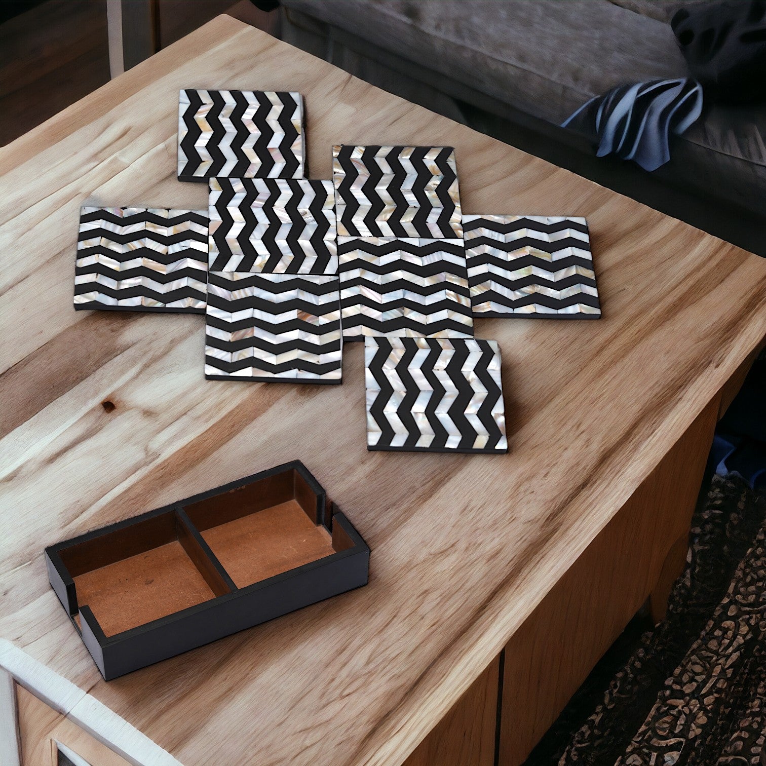 Zig Zag Design MOP/Resin Coaster Set of Eight with Caddy Tray