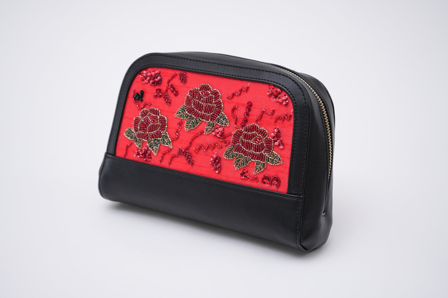 Hand-Embroidered Red PU Makeup Pouch for Valentine's Day