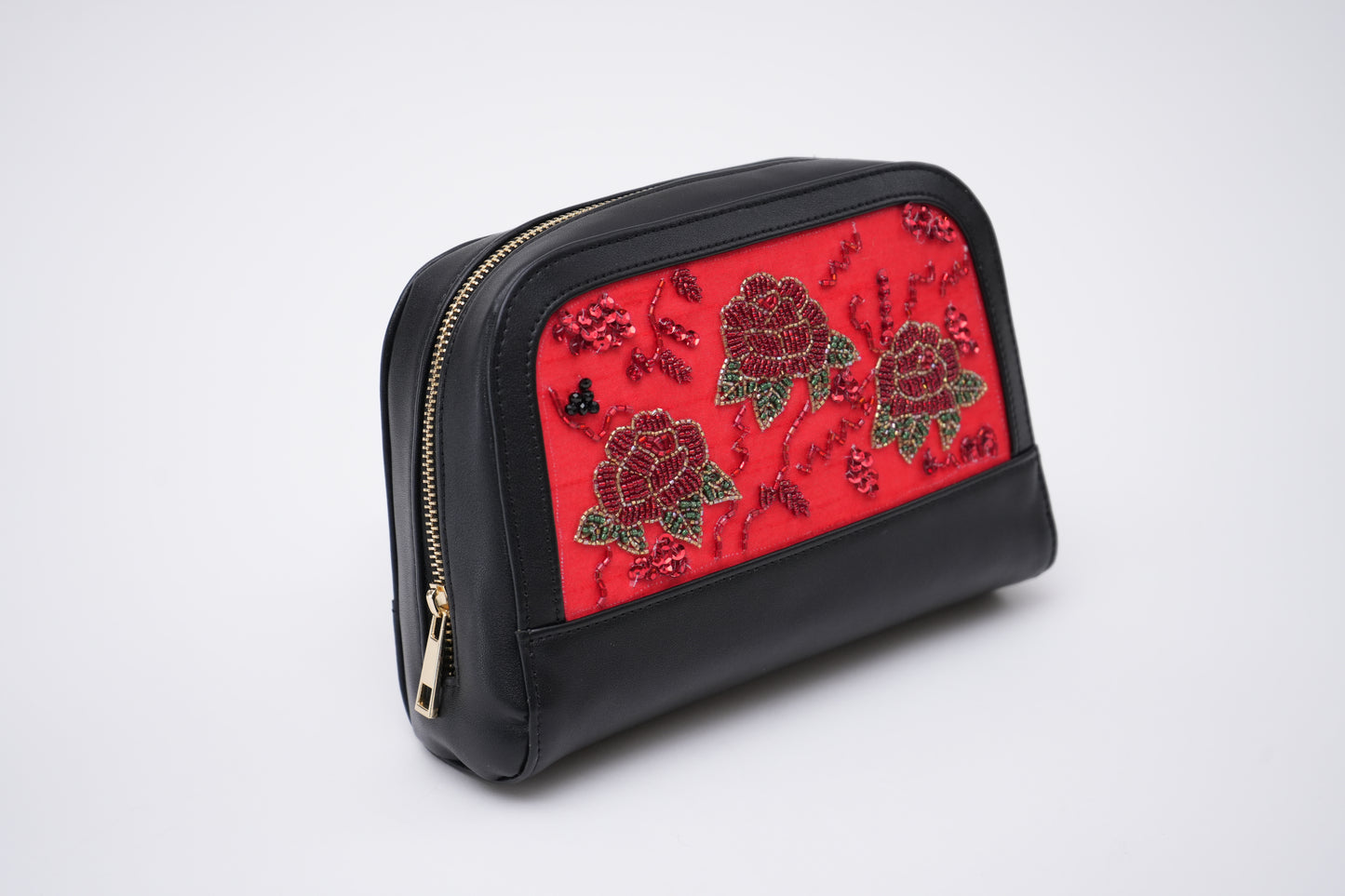 Hand-Embroidered Red PU Makeup Pouch for Valentine's Day