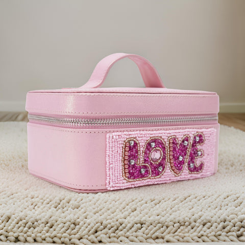 Hand Embroidered Pink PU, Make up case | It is a good choice for a Valentine gift
